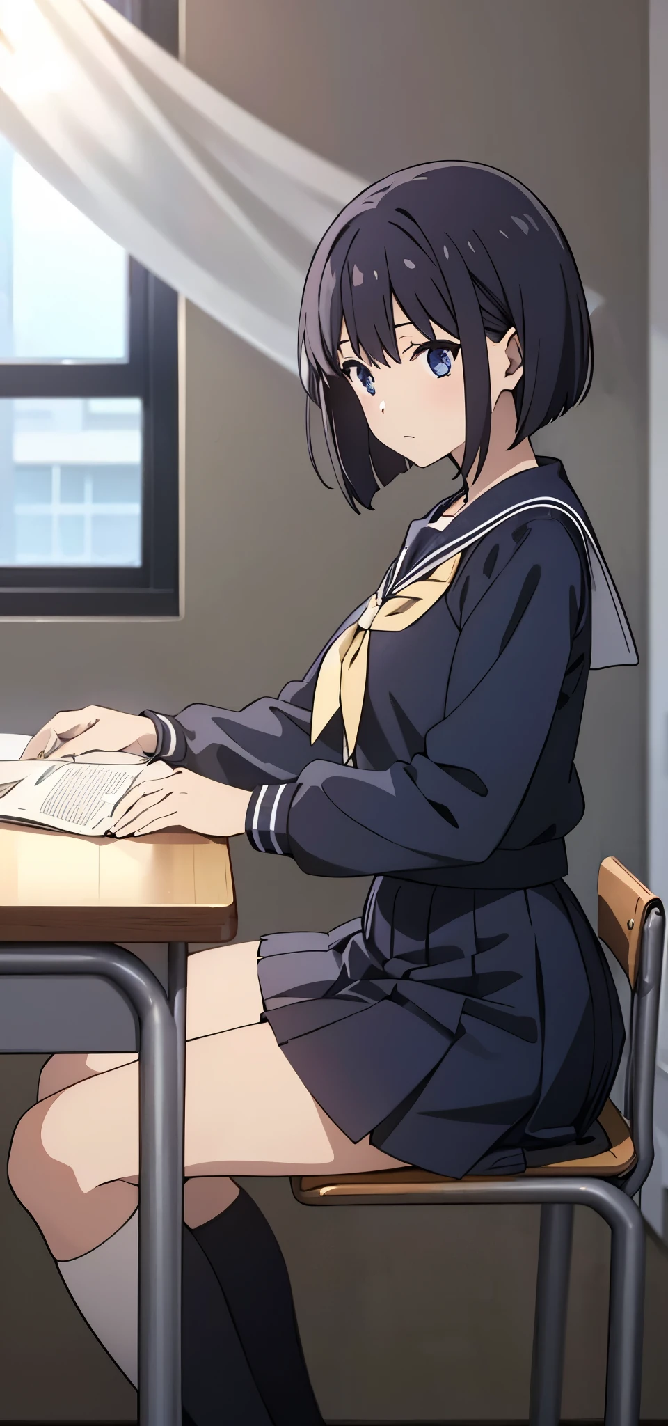 Anime girl sitting in the classroom, wearing white sailor uniform, school girl, straight bob hair, holding book, breast , white