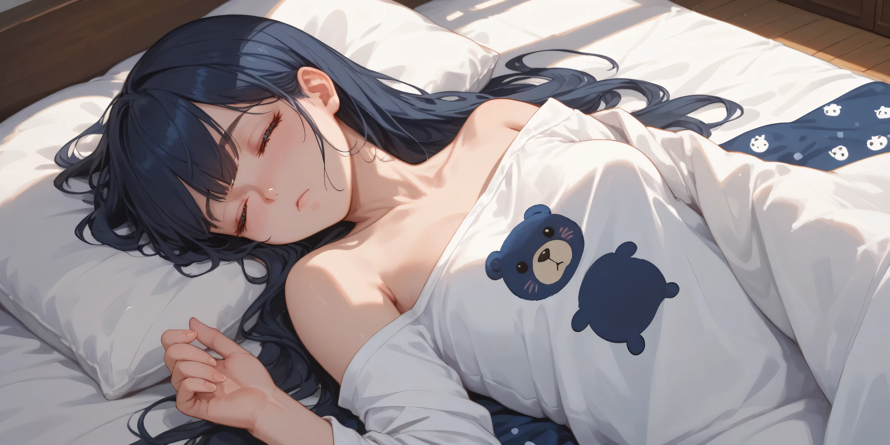 Imagine um suave, comforting illustration of a cute girl was sleeping in a comfortable bed, Olhos fechados, camiseta azul. long flowing hair. Quarto escuro, except for the soft light emanating from a bedside lamp near the bed, That casts a warm glow on your peaceful face. Pela janela entreaberta, A noite estrelada se estende, lua cheia, creating a magical contrast between the peaceful interior and the mysterious outside world. As cortinas de luz movem-se ligeiramente com a brisa noturna, adicionando um toque de movimento a esta cena tranquila.