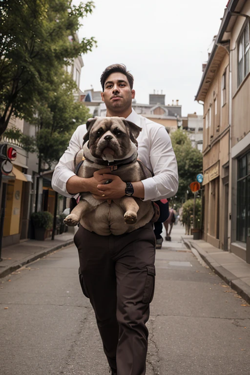 A guy too fat fighting with a bulldog