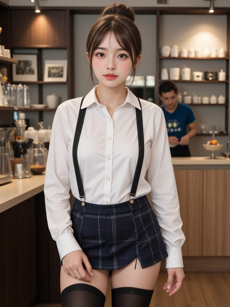 ((masterpiece))、((Highest quality))、photograph、reality、High resolution、Advanced Depth of Field、become close、Realistic lighting、Delicate facial features、Realistic Background、(The whole body is shown:1.2)、(Big Breasts:1.2)、(Erect nipples:1.2)、(Slender:1.2)、(Hamburger Shop Uniform:1.5)、(Collared shirt:1.2)、(Short tight skirt:1.2)、(apron:1.2)、(The background is an empty cafe:1.2)、(Early teens:1.5)、(Young face:1.5)、(Short)、(Braid)、Glasses