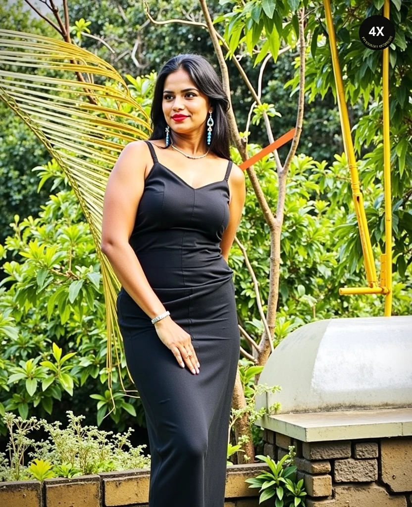 Realistic looking tan skin curvy, Sri Lankan model with an elegant and beautiful appearance. She is outdoors. She is wearing a black floral Bouffant midi dress with cup sleeves with high heels. The ambiance should reflect elegance and beauty, highlighting her poised demeanor. Beautiful hairdressing 
