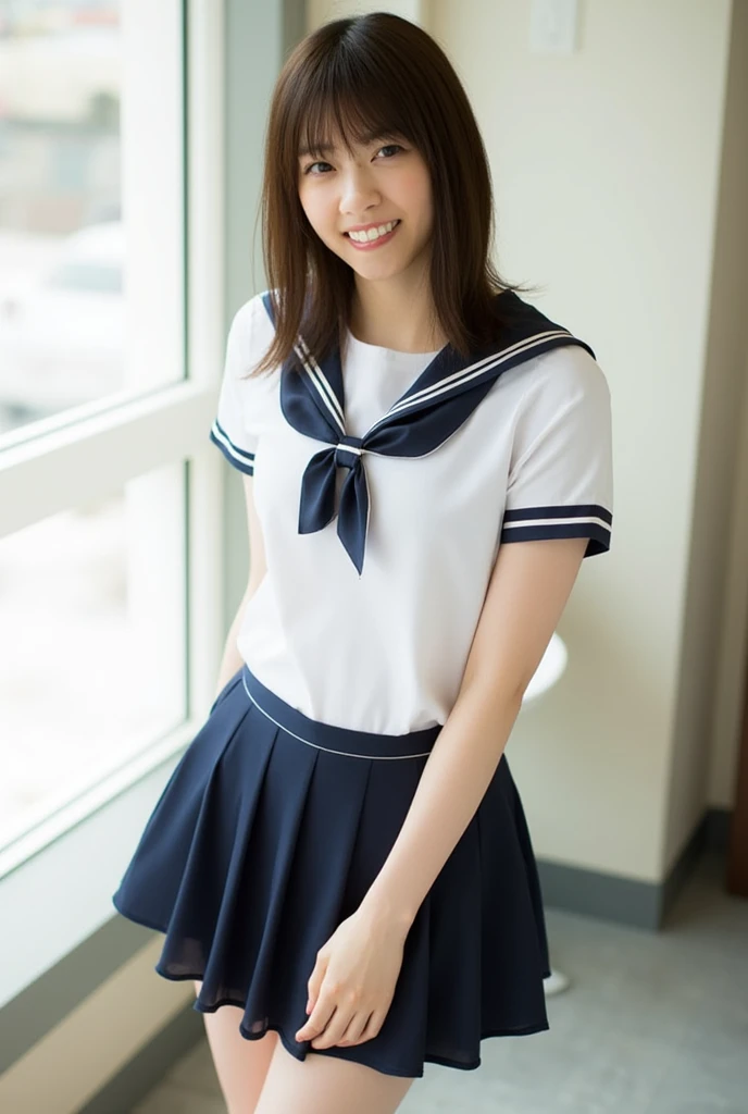 (Highest quality、Highest quality、Highest Resolution、masterpiece、detailed、Live Action)、
(((Lift the hem of your sailor uniform skirt with your own hands)))、
(((Grab the hem of your sailor uniform skirt with your own hands)))、
(((Wear pantyhose up to the waist)))、
((pantiesを見せて))、
((pantiesが見えている))、
panties、
good、
1 Japanese female、
Cute Japanese Woman、
Beautiful 20 year old Japanese woman、
Slim figure、
Ultra-slim body shape、
Small breasts、
Silver Hair、
The woman is facing the photographer、
smile、
whole body、
Standing posture、