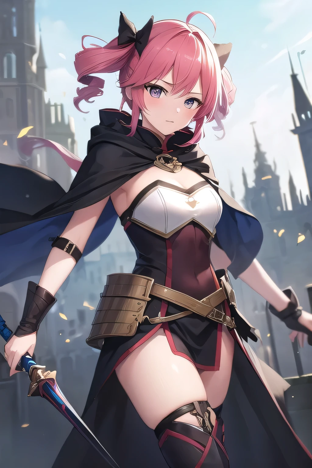 ((best quality)), ((masterpiece)), (detailed),1 girl。 kasane teto。(moving composition)。 light armor。shield。rapier。middle ages。cloak。 amount。