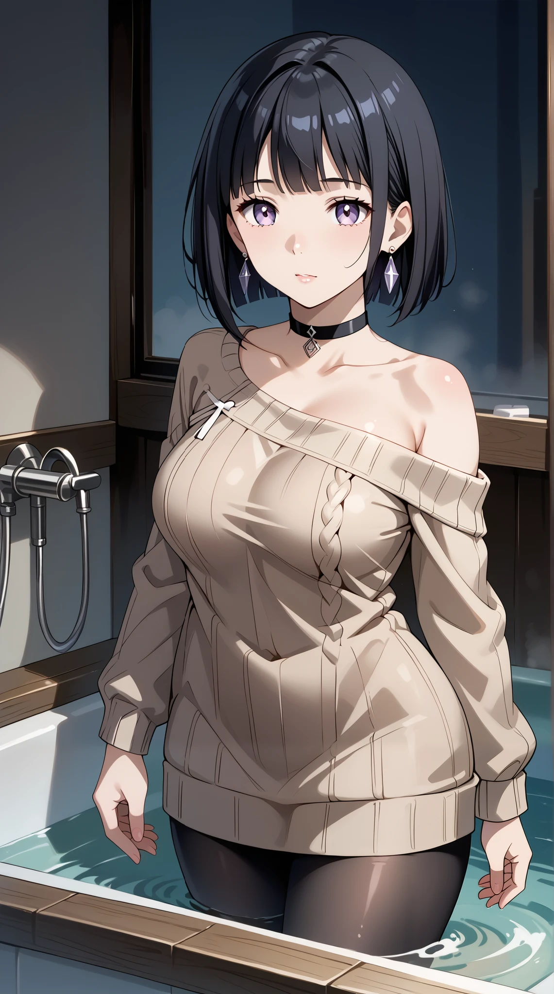 score_9, score_8_up, score_7_up, source_anime, 4K,perfect fingers,(perfect hands, perfect anatomy),prefect lighting, very aesthetic, intricate details,highly detailed background, masterpiece, high quality, best quality,
1girl, hinata_boru, bangs, short hair, black hair, huge breast,dense chest,
wearing ((pantyhose, choker, earrings, jewelry, sweater, collarbone, black_choker, off_shoulder, dress, bare_shoulders, black_pantyhose, )) ,,
relaxing, bathroom, bathing,