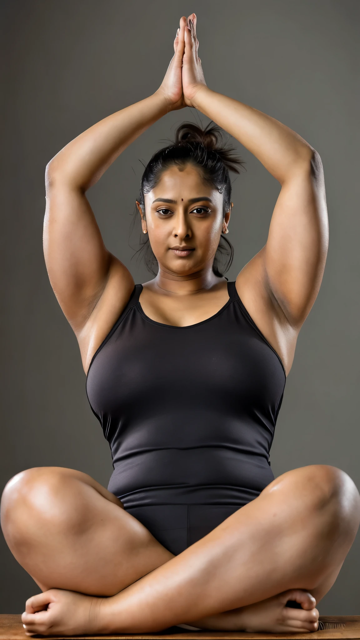 A chubby indian aunty in a sexy gym suit, sweating while working out at the gym, beautiful detailed eyes, beautiful detailed lips, extremely detailed eyes and face, long eyelashes, fit toned body, athletic pose, gym equipment in background, warm lighting, photorealistic, 8k, hyperdetailed, vibrant colors, cinematic lighting