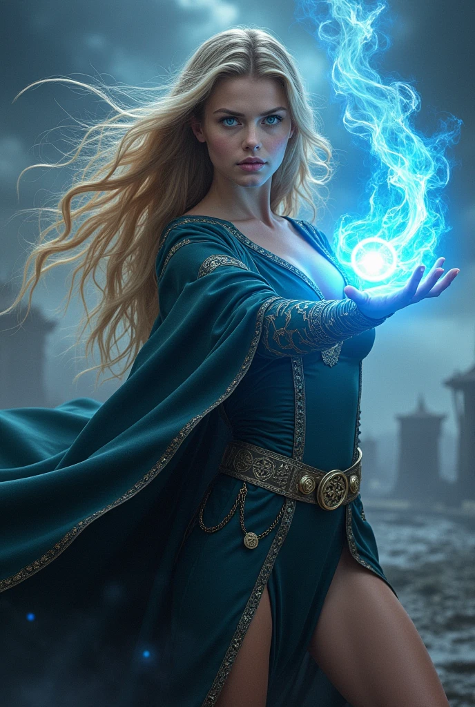 A handsome woman wearing a mage's robe, (detailed portrait of Emma Watson as an Icemancer:0.4), fantasy art by Seb McKinnon, intricate magical details, trending on ArtStation, magical environment, cinematic lighting, rich saturated colors, dramatic pose