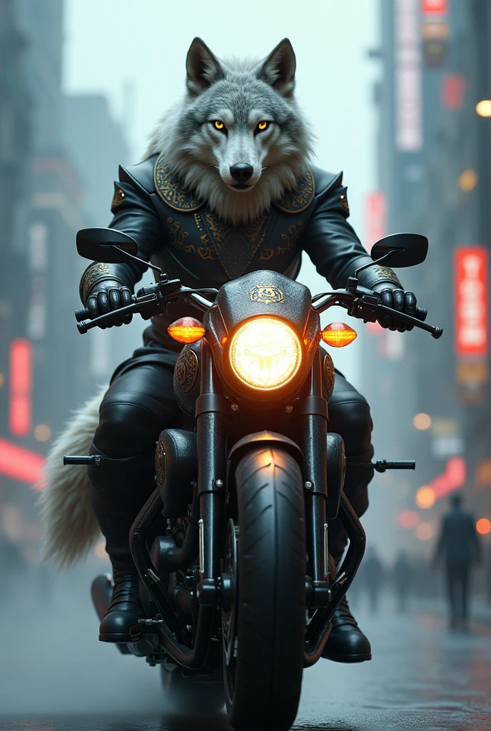 Generate an image of a messenger wolf on a cruiser motorcycle - SeaArt AI
