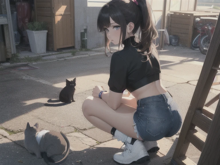 masutepiece, Best Quality, 1girl in, Solo, Golden Darkness, Blue eyes, Brown hair, Petite, Side Ponytail, cat hair ornament, Side Ponytail, Ahoge, Rat Chest, Sandy Brown Tank Top, flower trim, lightslategray skirt,, Hair Ribbon, Barefoot, in the bus, Large crowds, reclined, POV, Tired