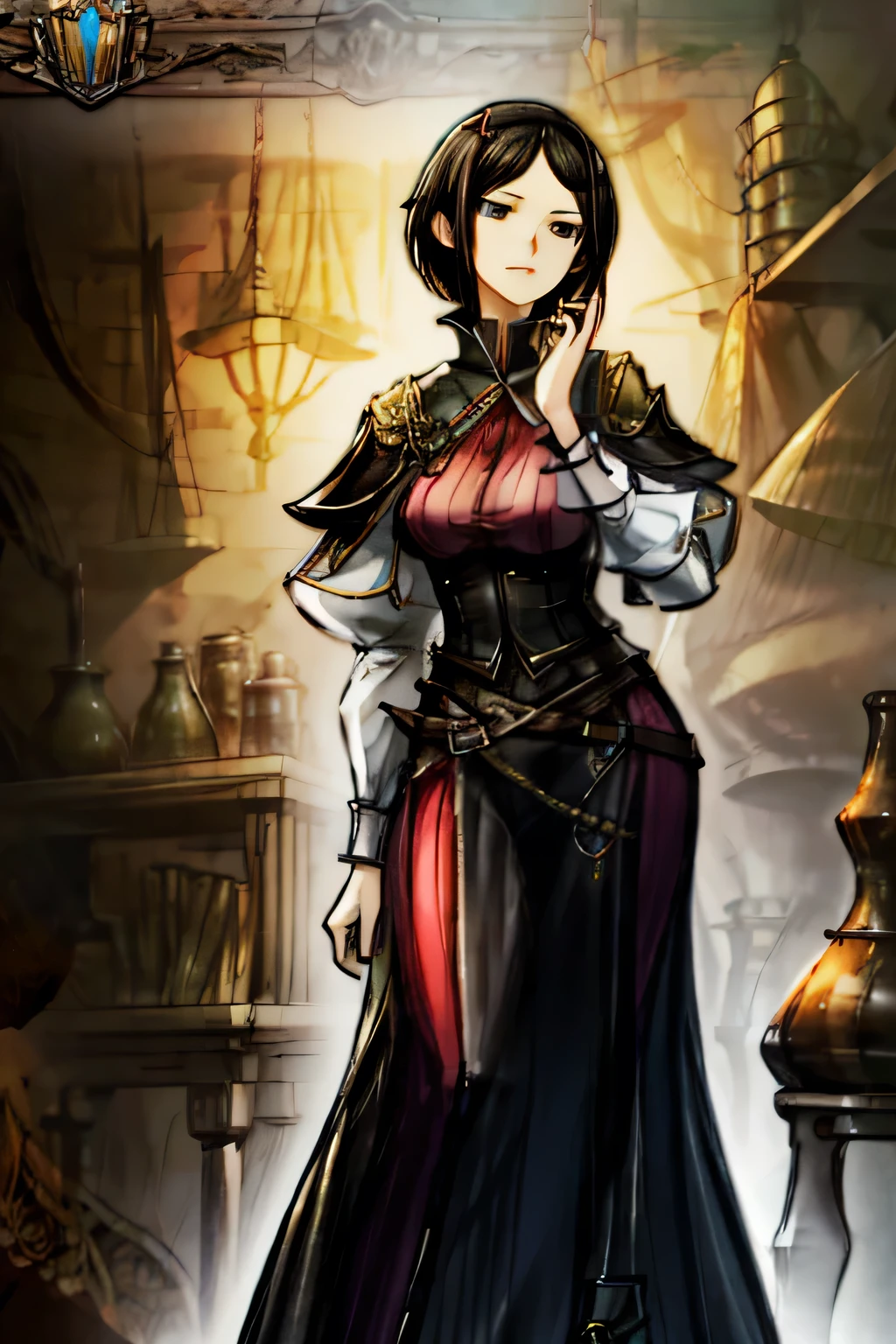 (high quality, :1.2) halfbody, mature woman, black short hair, sly face, dark eyes, researcher clothes, fantasy