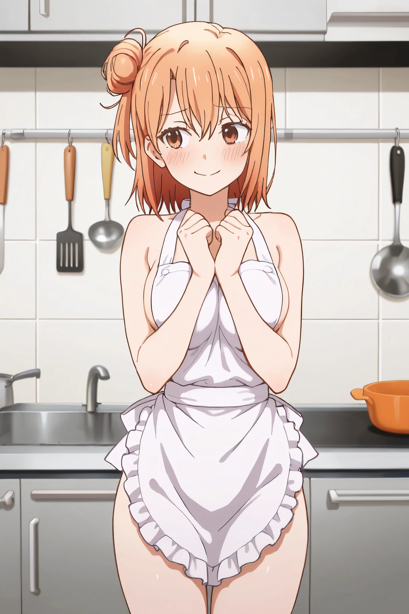 NSFW,masterpiece,top quality,high resolution,very detailed,yui yuigahama(After all, My Youth Romantic Comedy is wrong),short hair、brown eyes、orange hair、bun hair、single hair bun,naked apron,Kitchen,shy face,cover,shy, Smile