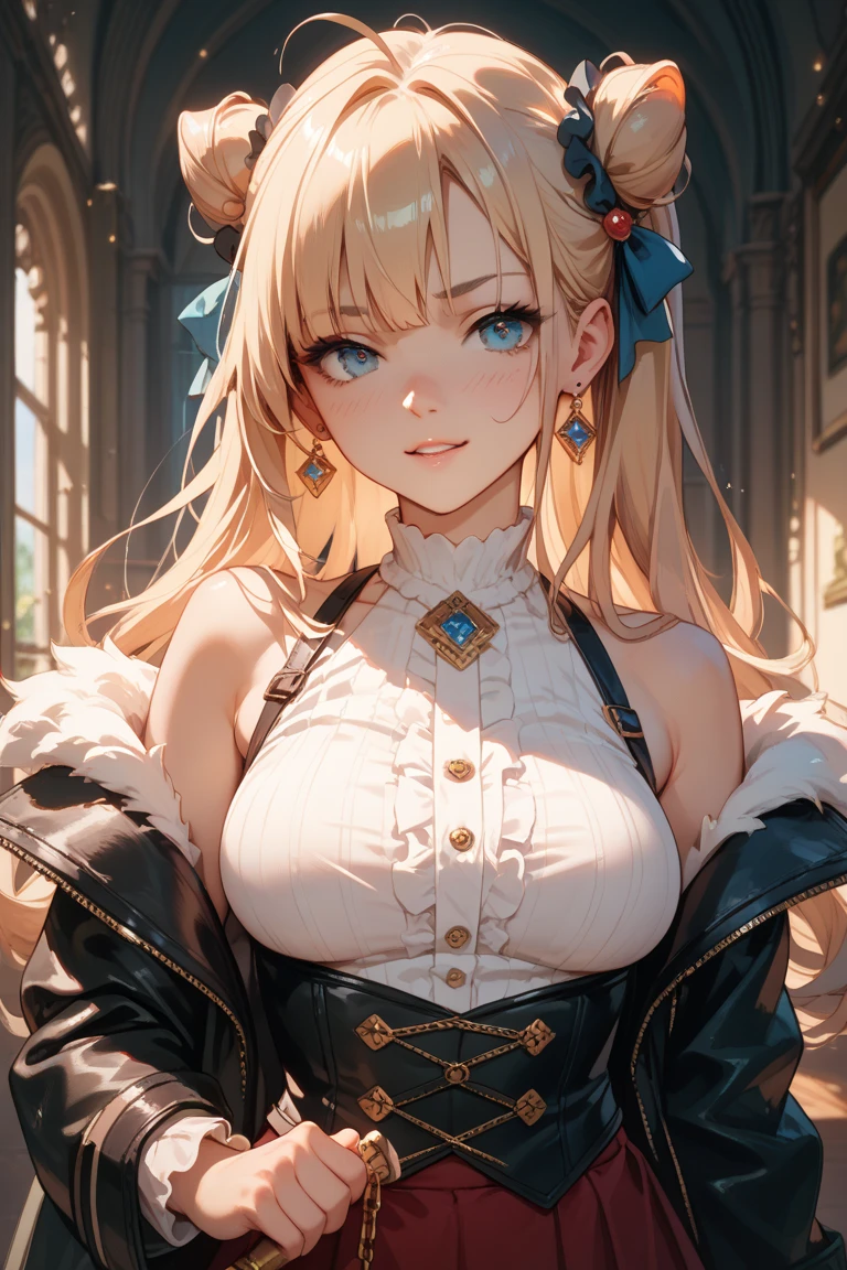 1 girl,Depp's Sense,confused,catch light,Super beautiful illustration,(blonde,long hairstyles:1.6),turn around,eye shadow,(Red clothes,Gothic Lolita),Upper body,;d,beautiful and delicate flowing hair,delicate and detailed blue eyes,emphasized chest,big breasts
