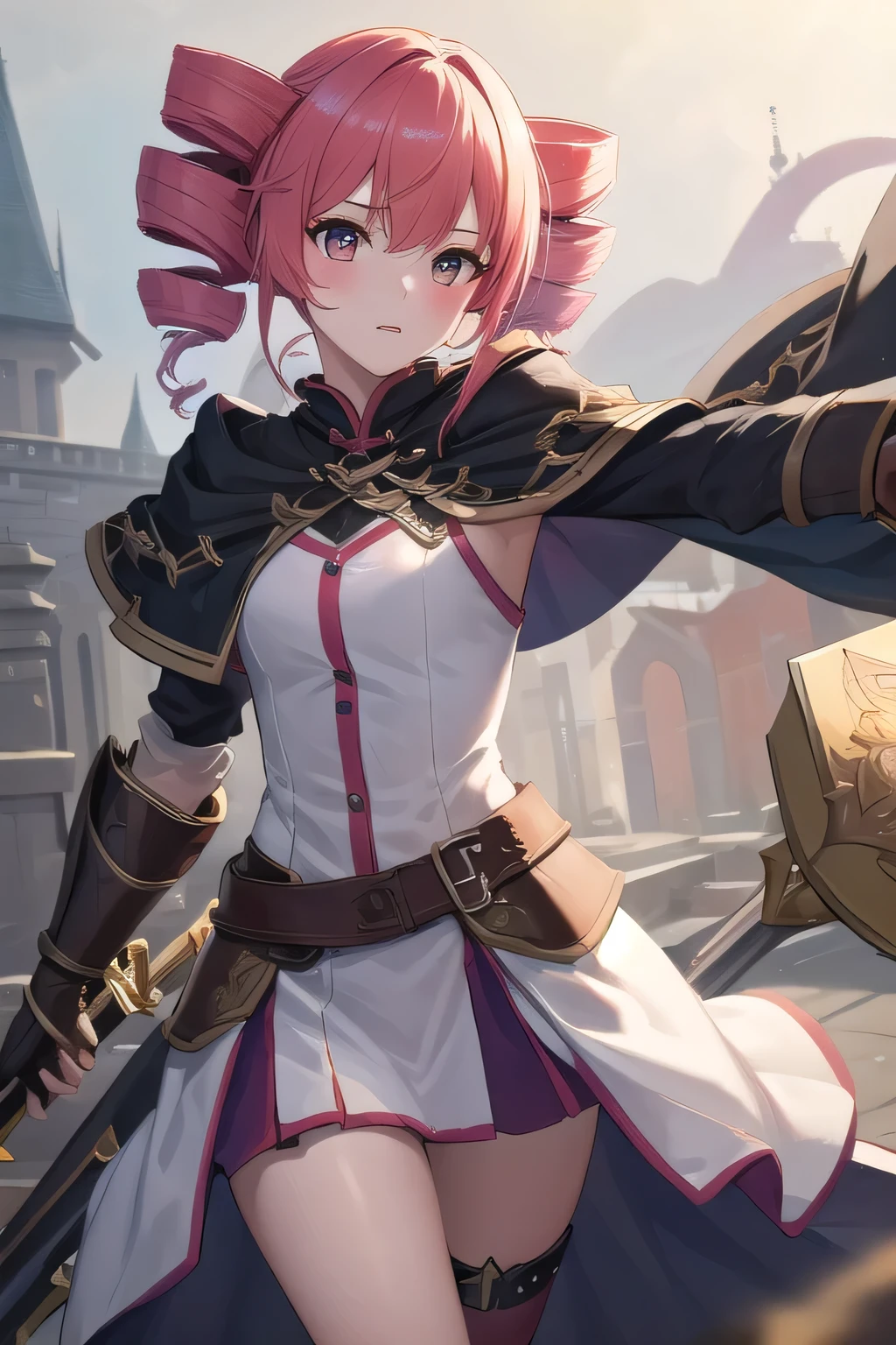 ((best quality)), ((masterpiece)), (detailed),1 girl。 kasane teto。twin drill。(moving composition)。 light armor。shield。Carrying a longsword around the waist。middle ages。temple。cloak。 amount。