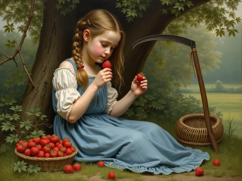 painting of a girl in a red dress and a red hat holding an apple, inspirado em Jessie Willcox Smith, Directed by: Jessie Willcox Smith, Directed by: Albert Anker, inspirado em Albert Anker, Directed by: Arnold Franz Brasz, Rapariga, inspirado em Adolf Bierbrauer, Directed by: George Benjamin Luks, Berthold Woltze, Directed by: Franz Sedlacek