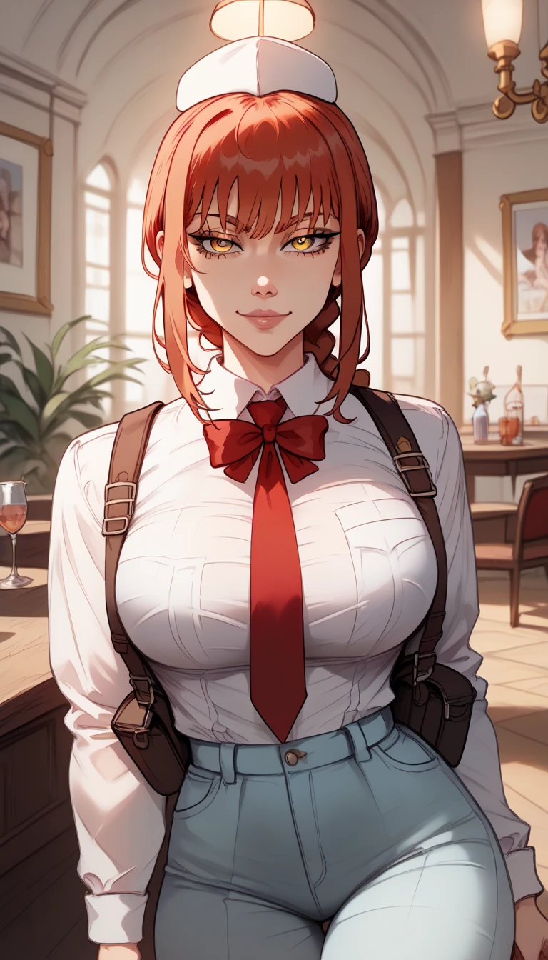 score_9, score_8_up, score_7_up, realistic, (masterpiece:1.3), (absurdres:1.3), (best quality:1.3), (8K), ((perfect face)), detailed hands, detailed eyes, (vivid colors), (intricate details:1.3), vibrant colors, (ultra-detailed:1.3), ((dynamic lighting)), BREAK , sitting on a chair, coffee shop, cup of coffee, rustic furniture, ,hongoutfit, thighhighs, necktie, skirt, garter straps, gloves, black gloves, jewelry, miniskirt, jacket, earrings, belt, black thighhighs, uniform, red necktie, shirt, black skirt, black jacket, collared shirt, grey shirt, hongryeon, 1girl, solo, mole under eye, mole, single hair bun, hair bun, bangs, swept bangs, red hair, huge breasts, purple eyes, curvy, mature female, hair ornament