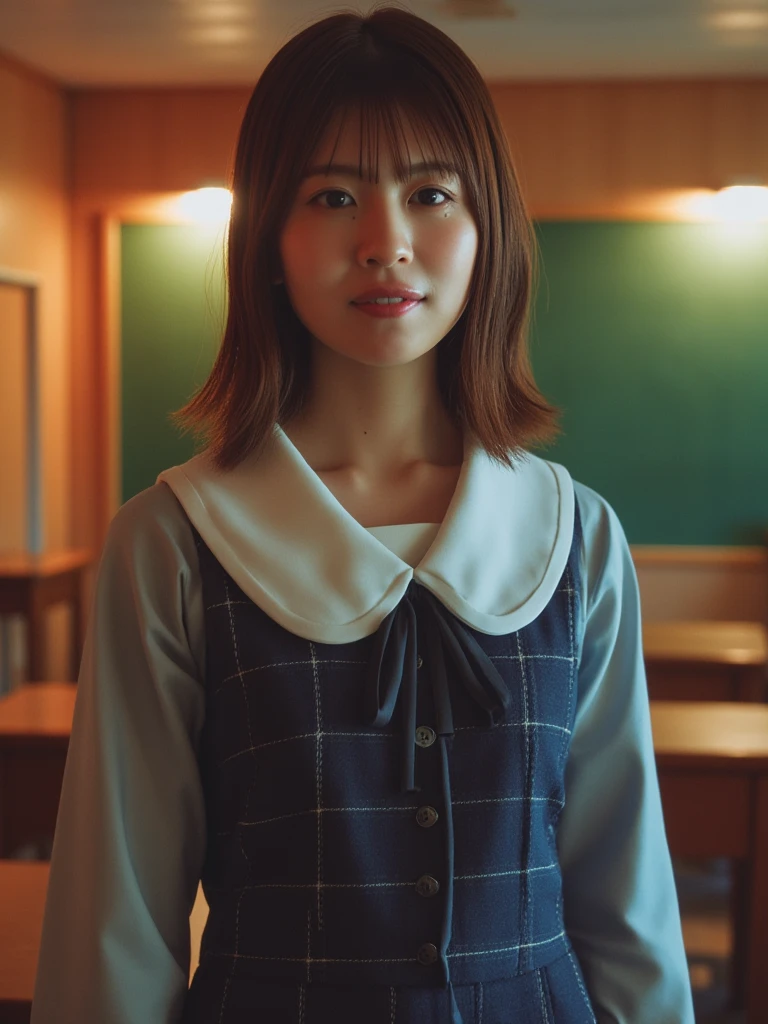 ((Highest quality, 8k, masterpiece :1.3)), 1 person, Beautiful woman with slim abs :1.3, (Medium Short Hair) ((small and soft breasts)) (Breast bulge accentuated through clothes:1.3), Highly detailed face, Beautiful Eyes, Highest quality, Face Focus, Soft Light, Ultra-high resolution, (Realistic:1.4), RAW Photos, 1 Japan, alone, cute, (A shy smile:0.5), (Brown eyes, Light in your eyes), Beautiful face in every detail, (),(High resolution detail of human skin texture), (Short Bob Hair), break, In the classroom,Navy uniform, Best, skirt