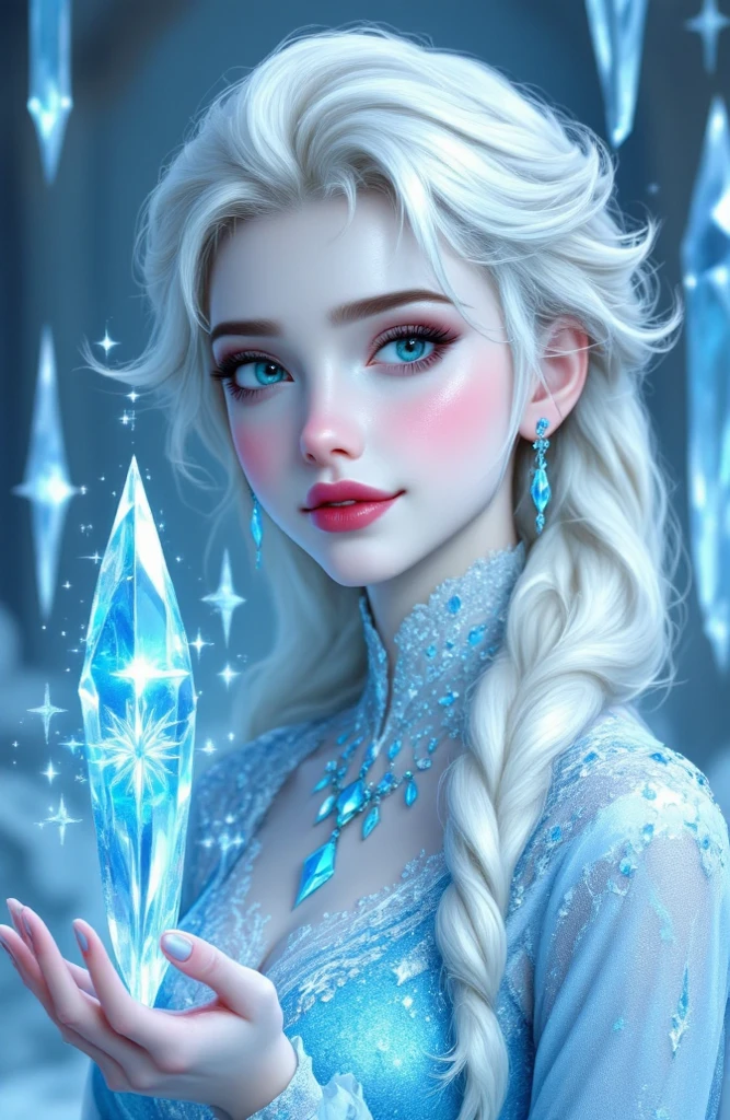 ((realistic, best quality, highest resolution, 8k)), ((accurate , accurate body, Accurate hand or foot)), age Russian beauty with lovely , silver hair, silver eyes, ponytail, Elsa, Frozen, ice palace, Nice dress in blue, she is using wonderful ice magic, Great director, excellent cg, Charming ice magic, Live action, ((beautiful smile))