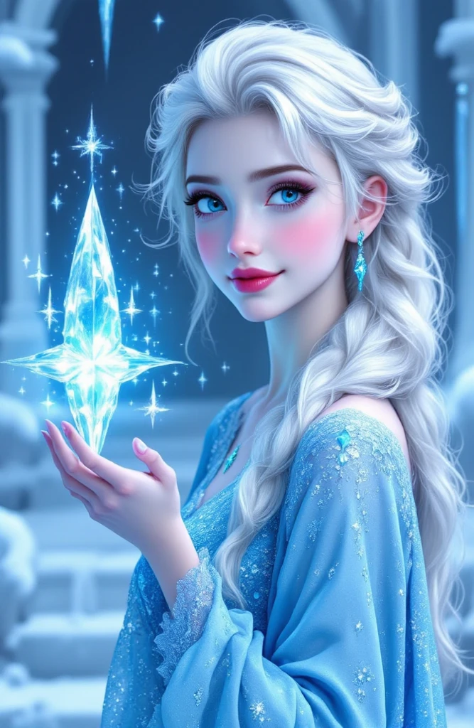 ((realistic, best quality, highest resolution, 8k)), ((accurate , accurate body, Accurate hand or foot)), age Russian beauty with lovely , silver hair, silver eyes, ponytail, Elsa, Frozen, ice palace, Nice dress in blue, she is using wonderful ice magic, Great director, excellent cg, Charming ice magic, Live action, ((beautiful smile))