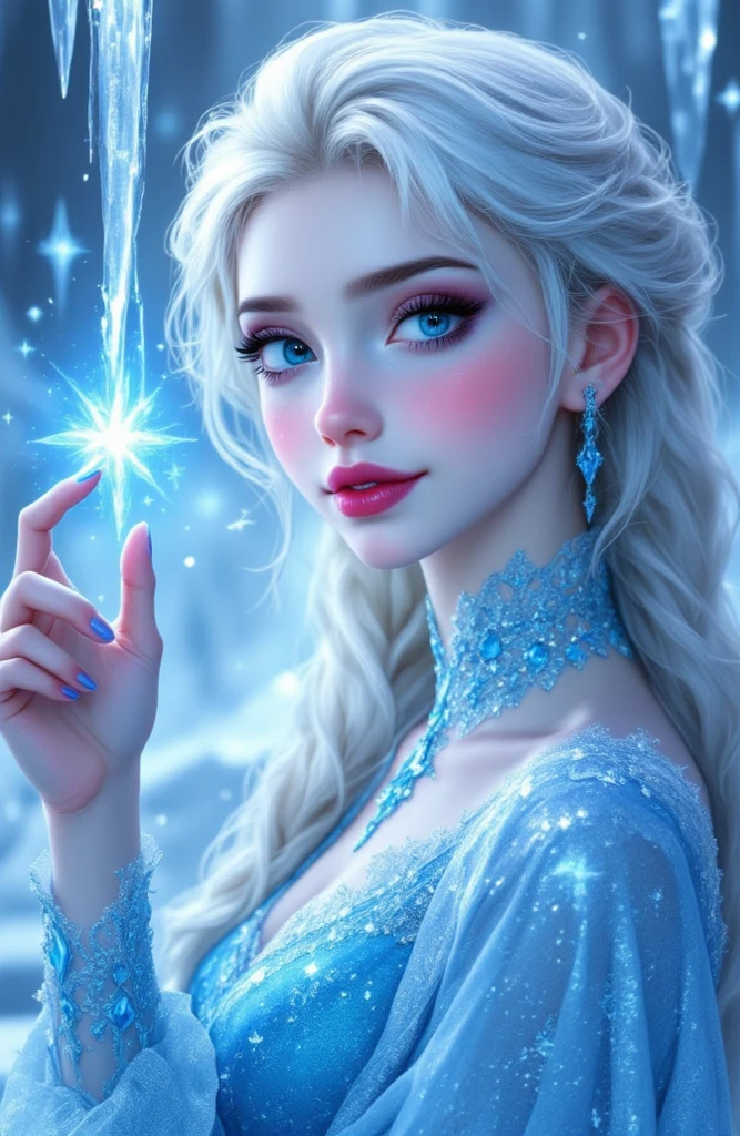 ((realistic, best quality, highest resolution, 8k)), ((accurate , accurate body, Accurate hand or foot)), age Russian beauty with lovely , silver hair, silver eyes, ponytail, Elsa, Frozen, ice palace, Nice dress in blue, she is using wonderful ice magic, Great director, excellent cg, Charming ice magic, Live action, ((beautiful smile))
