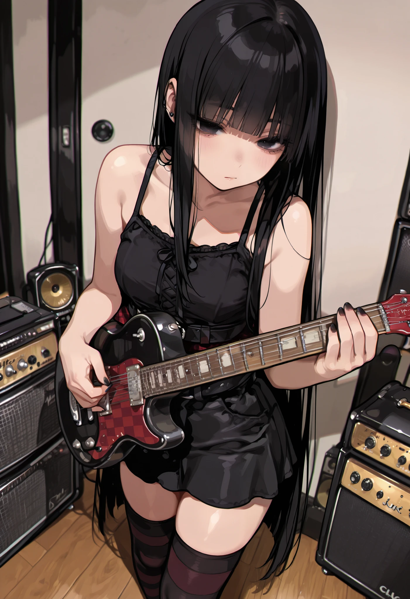 ( Super Flats , FLAT SHADING, flat-colors:1.1)、(masterpiece, Best Quality, Super Detail, high resolution)、( magazine cover )、Illustrations、(1 girl, Alone)、(CUTE ASIAN GIRL)、beautiful detailed face, BEAUTIFUL SHARP BLACK EYES、Eye-catching highlights、perfect hands, (black very long hair, straight hair , blunt bang in multiple places), (Goth Punk, camisole, RED CHECK SKIRT WITH BELT, black and striped knee-highs ), (perfect anatomy)、clothed, playing guitar , (MUSIC LIVE CLUB MEDIUM, amplifier, speaker)、Volumetric Lighting、Soft light、 bright、bright colors、 watercolor、