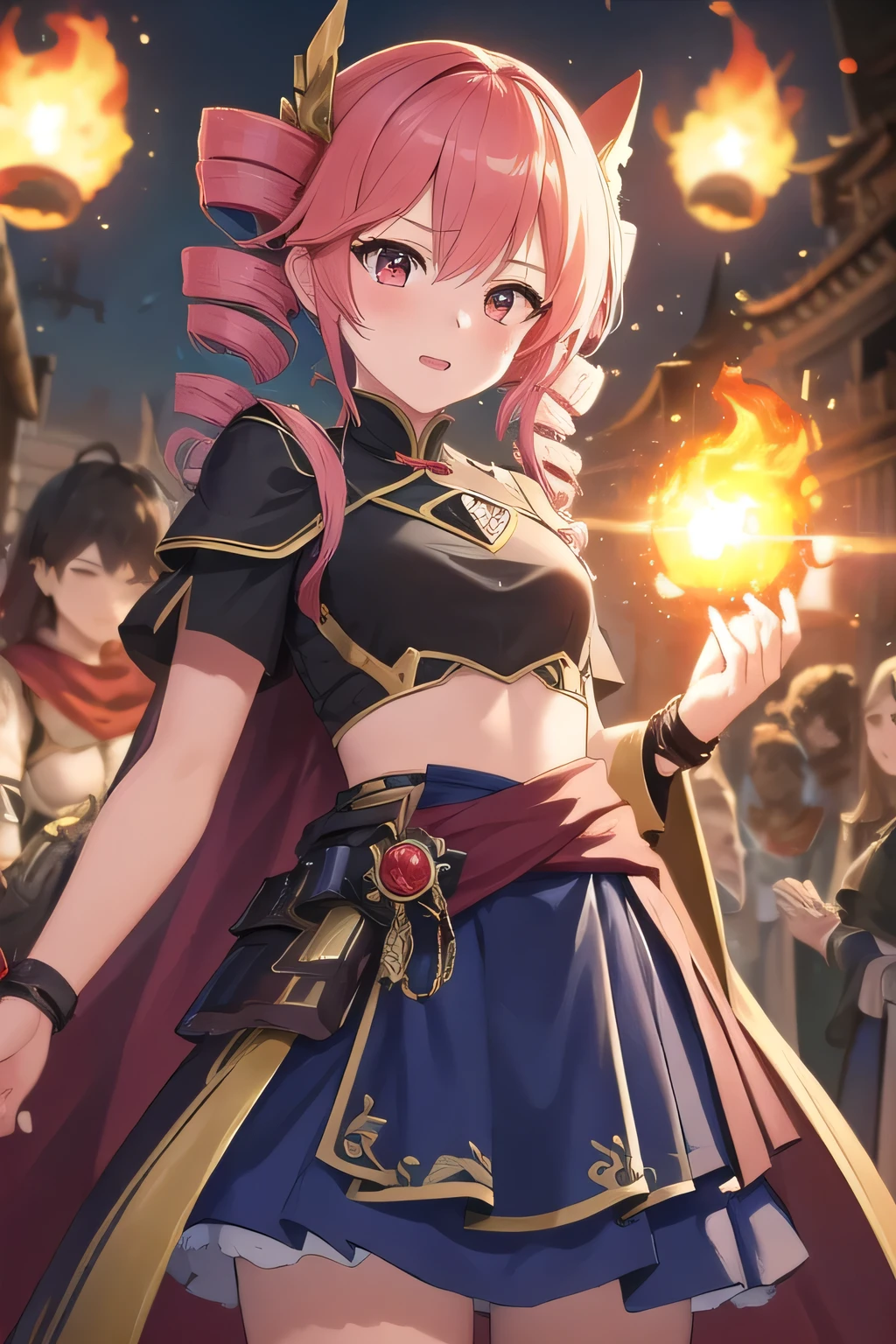 ((best quality)), ((masterpiece)), (detailed),1 girl。 kasane teto。twin drill。(moving composition)。 light armor。shield。Wear a longsword around your waist。middle ages。temple。cloak。float the magic of a fireball in your palm。