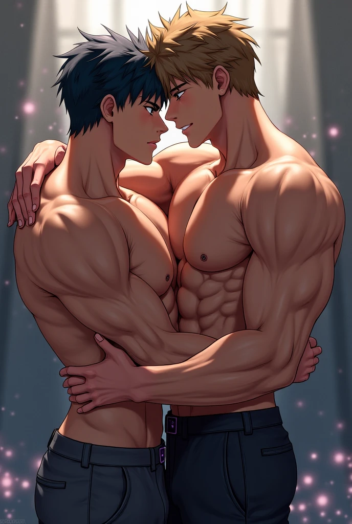 Two muscular boys together hugging the same anime fanart