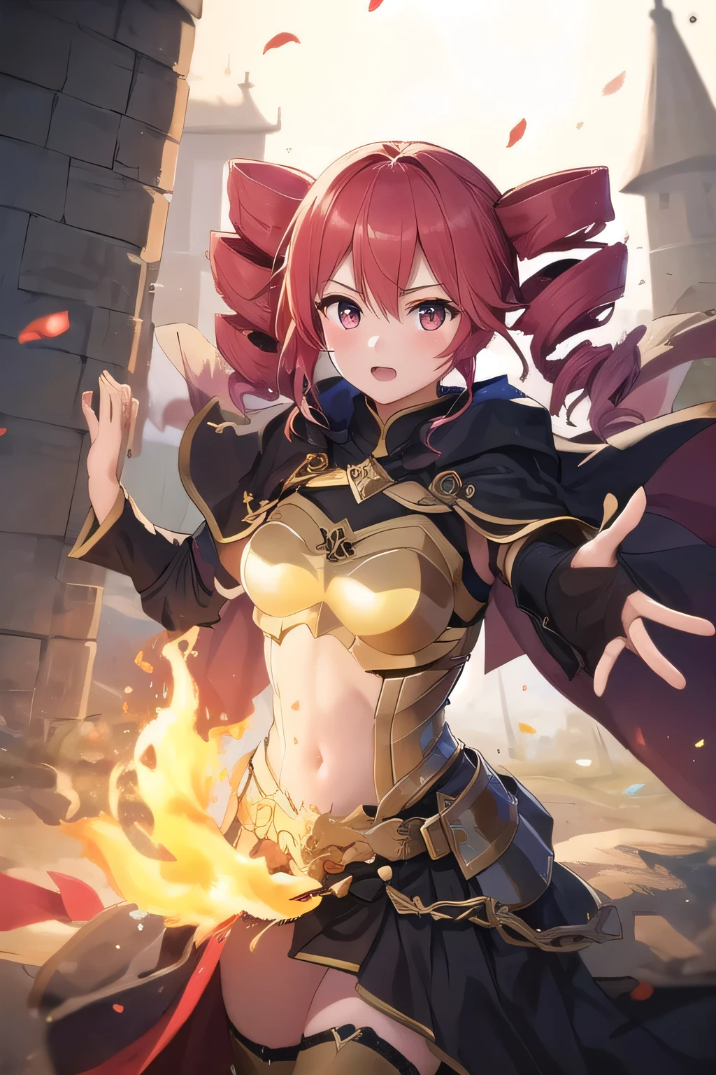((best quality)), ((masterpiece)), (detailed),1 girl。 kasane teto。twin drill。(moving composition)。 light armor。shield。middle ages。temple。cloak。Lift the flaming longsword with both hands。