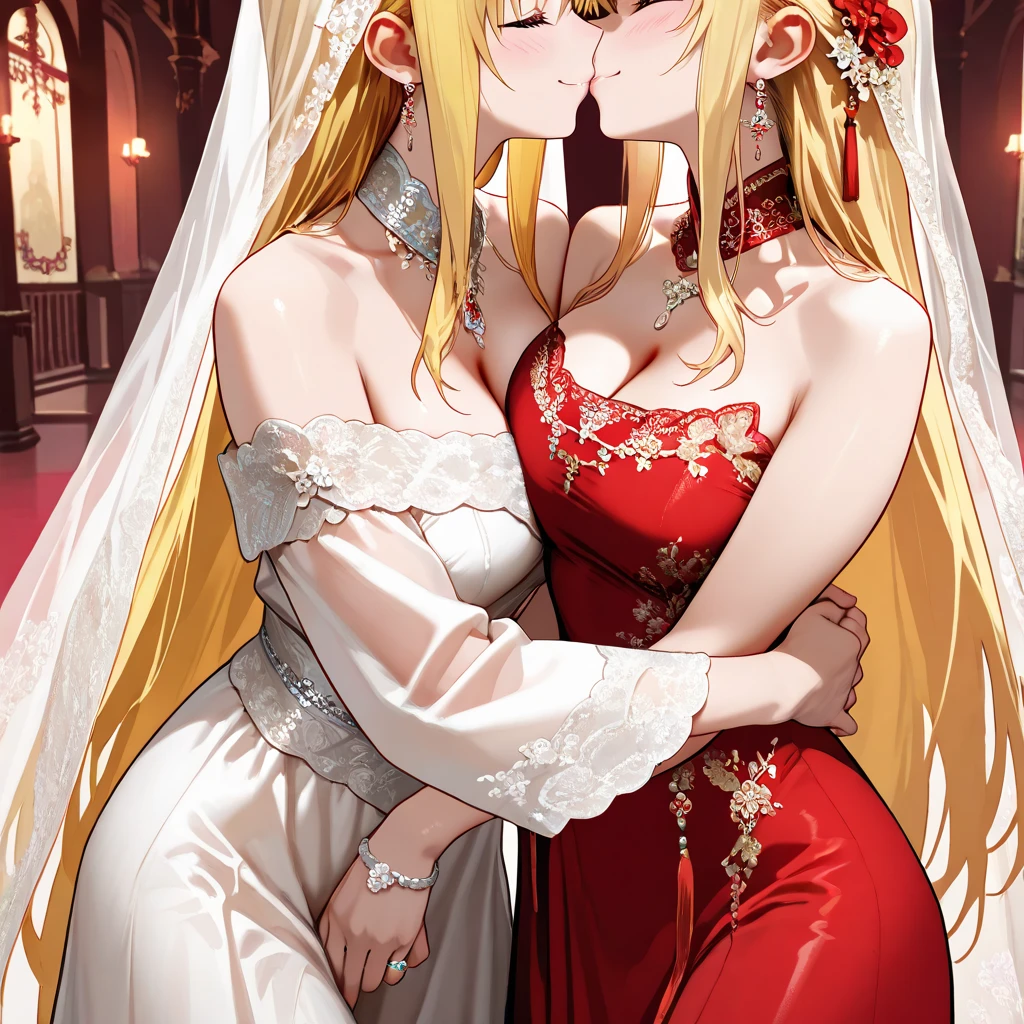 (masterpiece, highest quality, official art, beauty and aesthetic), two stunning bride is deeply in love with each other, kiss, romantic atmosphere