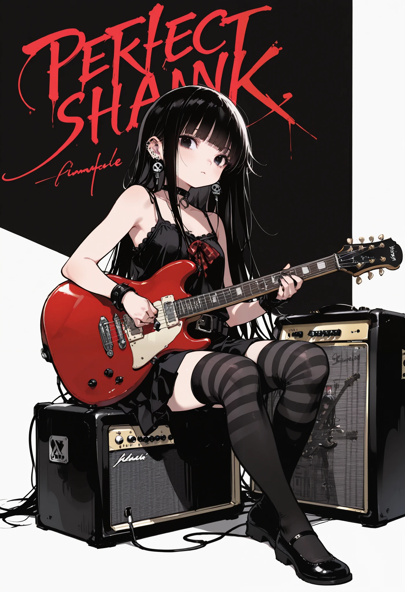 ( Super Flats , FLAT SHADING, flat-colors:1.1)、(masterpiece, Best Quality, Super Detail, high resolution)、( magazine cover )、Illustrations、(1 girl, Alone)、(CUTE ASIAN GIRL)、beautiful detailed face, BEAUTIFUL SHARP BLACK EYES、Eye-catching highlights、perfect hands, (black very long hair, straight hair , blunt bang in multiple places), (Goth Punk, camisole, RED CHECK SKIRT WITH BELT, black and striped knee-highs ), (perfect anatomy)、clothed, playing guitar , (MUSIC LIVE CLUB MEDIUM, amplifier, speaker)、Volumetric Lighting、Soft light、 bright、bright colors、 watercolor、