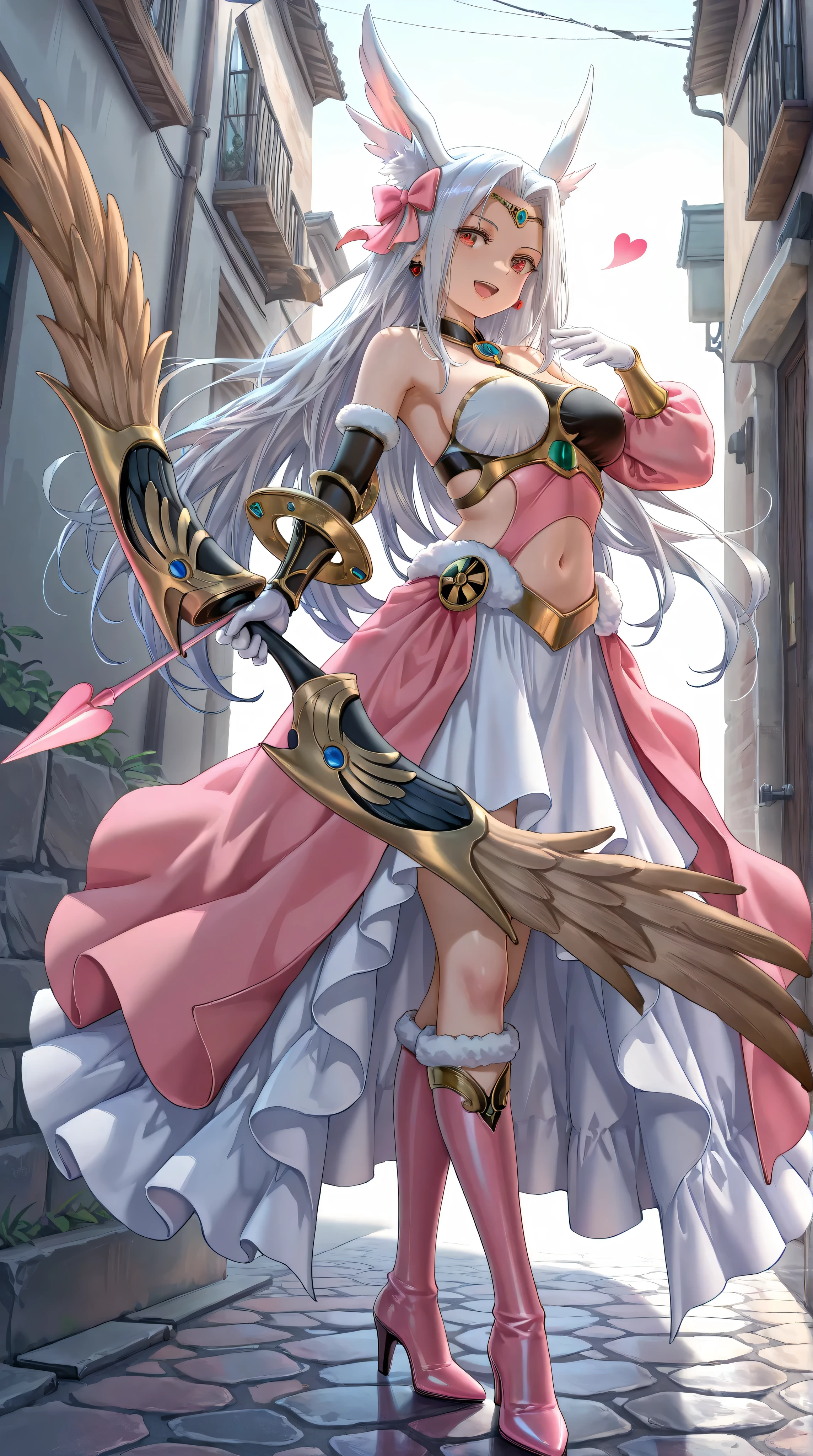 1girl,(Irisviel von Einzbern),mature female,red eyes,solo,bangs,large_breasts,(Valkyrie),white gloves,pink footwear,high heels,pink boots,pink bow,blue bow,bow,brooch,dress,standing,earrings,frilled dress,frills,gloves,hair bow,heart,jewelry,seductive smile,open mouth,holding bow\(weapon\),Aiming a Bow,apollousa bow of the goddess,art style,best quality,amazing quality,very aesthetic,absurdres,anime,best quality,amazing quality,very aesthetic,absurdres,masterpiece,best quality,newest,highres,absurdres,very awa,shiny skin,chiaroscuro,kazuharu kina,(torino aqua:0.8),(fuzichoco:0.9),morikura en,(free style \(yohan1754\):0.9),as109,(wlop:0.8),realistic,