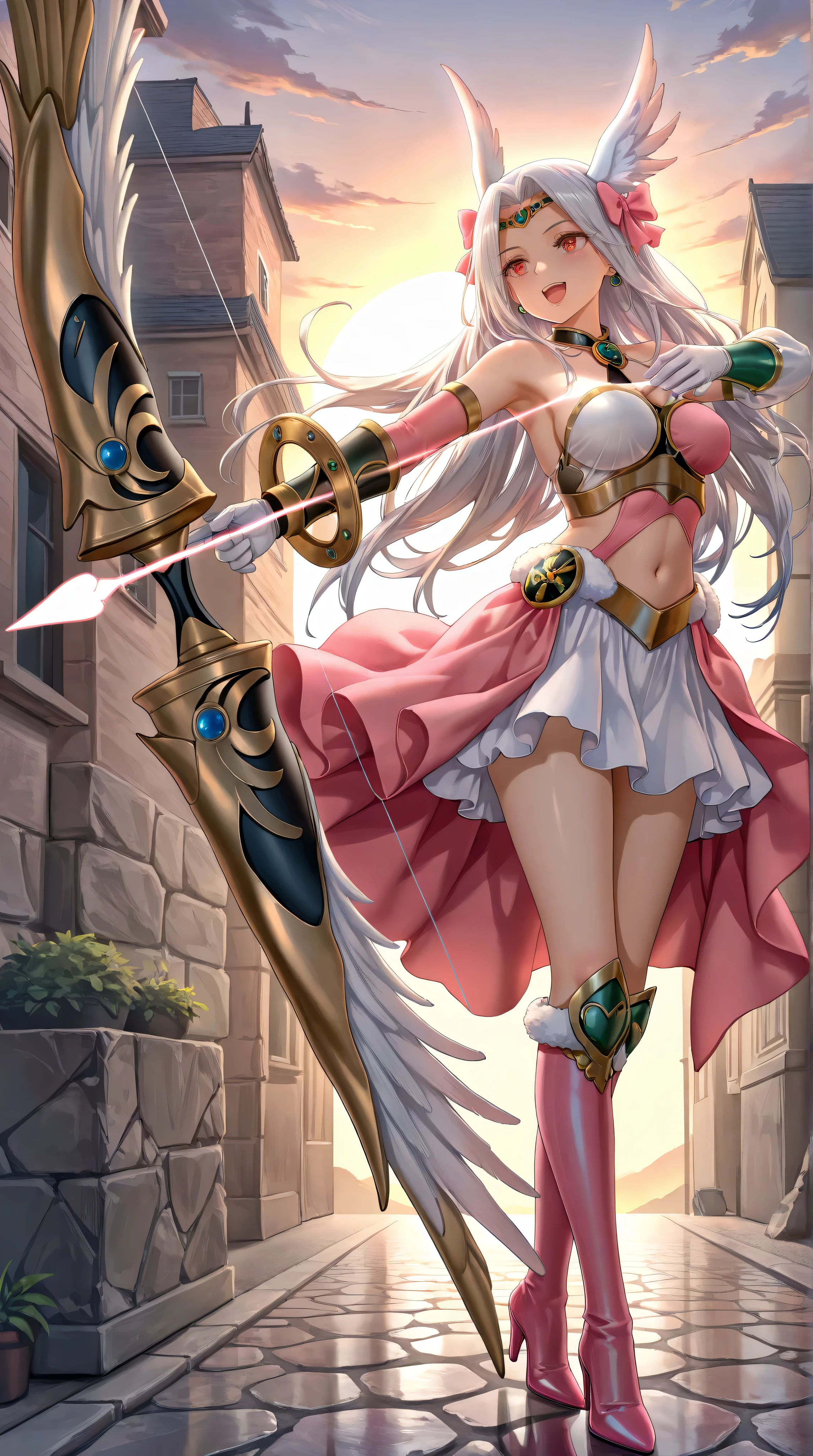 1girl,(Irisviel von Einzbern),mature female,red eyes,solo,bangs,large_breasts,(Valkyrie),white gloves,pink footwear,high heels,pink boots,pink bow,blue bow,bow,brooch,dress,standing,earrings,frilled dress,frills,gloves,hair bow,heart,jewelry,seductive smile,open mouth,holding bow\(weapon\),Aiming a Bow,apollousa bow of the goddess,art style,best quality,amazing quality,very aesthetic,absurdres,anime,best quality,amazing quality,very aesthetic,absurdres,masterpiece,best quality,newest,highres,absurdres,very awa,shiny skin,chiaroscuro,kazuharu kina,(torino aqua:0.8),(fuzichoco:0.9),morikura en,(free style \(yohan1754\):0.9),as109,(wlop:0.8),realistic,