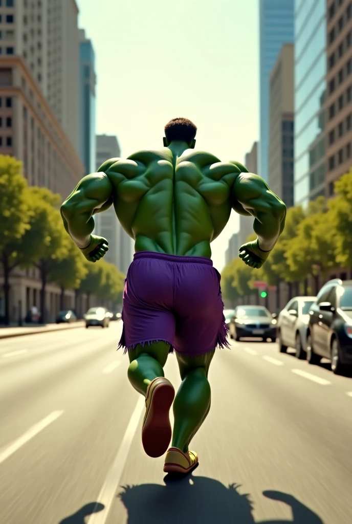 "A massive, ultra-muscular green-skinned humanoid is sprinting down a modern city street. His powerful back muscles, broad shoulders, and defined arms flex as he runs with intense speed. He is wearing tight, ripped purple shorts that slightly tear at the edges due to his massive physique. The scene is dynamic, with motion blur on the background, including tall urban buildings and fast-moving cars, creating a sense of high-speed movement. His fists are clenched, and his powerful legs propel him forward with immense force. The perspective is from behind, capturing his muscular form in action. The lighting is cinematic, with warm sunlight casting shadows on his back, highlighting every muscle. The overall atmosphere conveys urgency, as if he is rushing towards an important mission."