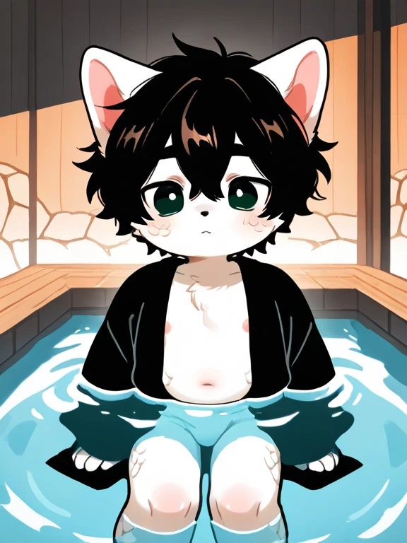 (Light Environment: 0.7), Masterpiece, High Quality, Abstract Res, Digital Painting\(artwork\), by Dagasi, Yupa, Kiyosan, (Anthro, Fluffy Fur, Character Focus: 1.1), Anthro Male Cat, Portrait, Bright Eyes, Panorama, Character focus. (Detailed background: 0.7), Solo, Furry, Hairy male, Petite, male focus, anthr, (full body fur, fluffy tail, black fur, red eyes: 1.2), (Canine, Black Shiba Inu, bath towel: 1.2), (Interior, evening, hot spring, water: 1.1)