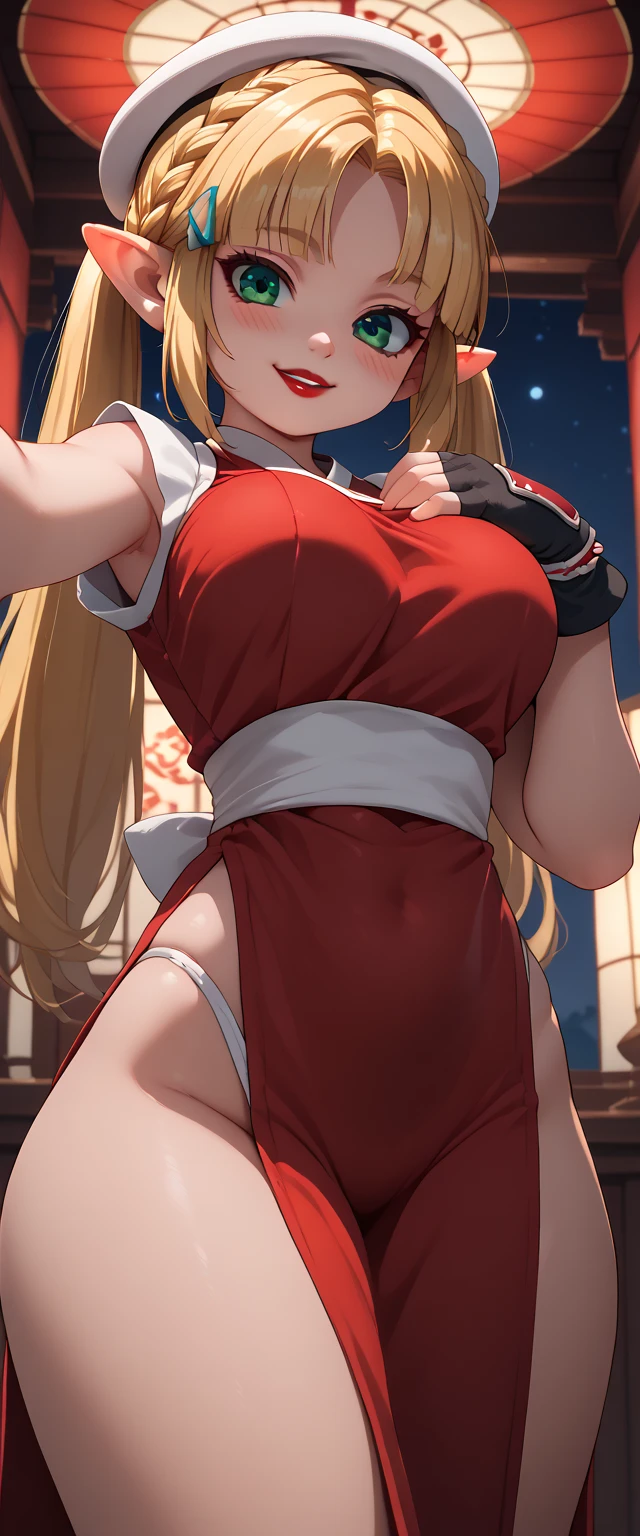 masterpiece, best quality, beautiful art, high resolution, well formed hands, body and fingers, 1 woman, solo, Kitagawa Marin, blonde, multicolored hair, jewerly, grown up, cosplaying as Mai Shiranui , mai_shiranui_cosplay, adult, large and round breasted, cleavage full body picture ,hair ribbon, gorgeous legs and, thighs, sexy Japanese clothes, hair ornament, earrings, (red eyes:1.3), sexy legs , hips and thighs, dancing seductively and erotically, turning backwards and forwards, showing her back and front, showing her butt, red t back thong, smiling joyfully, sweating ,looking at the viewer, flirting, biting her lips, beach environment