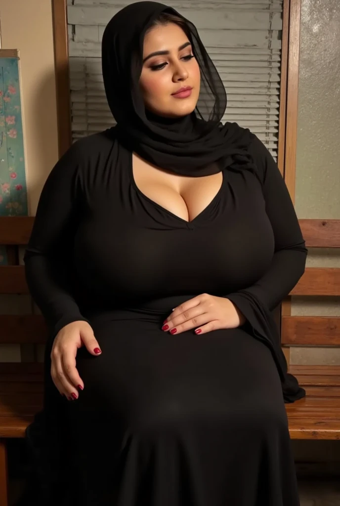 Big curvy hijab in a white shirt and mini skirt sitting on a char in a bedroom big booty