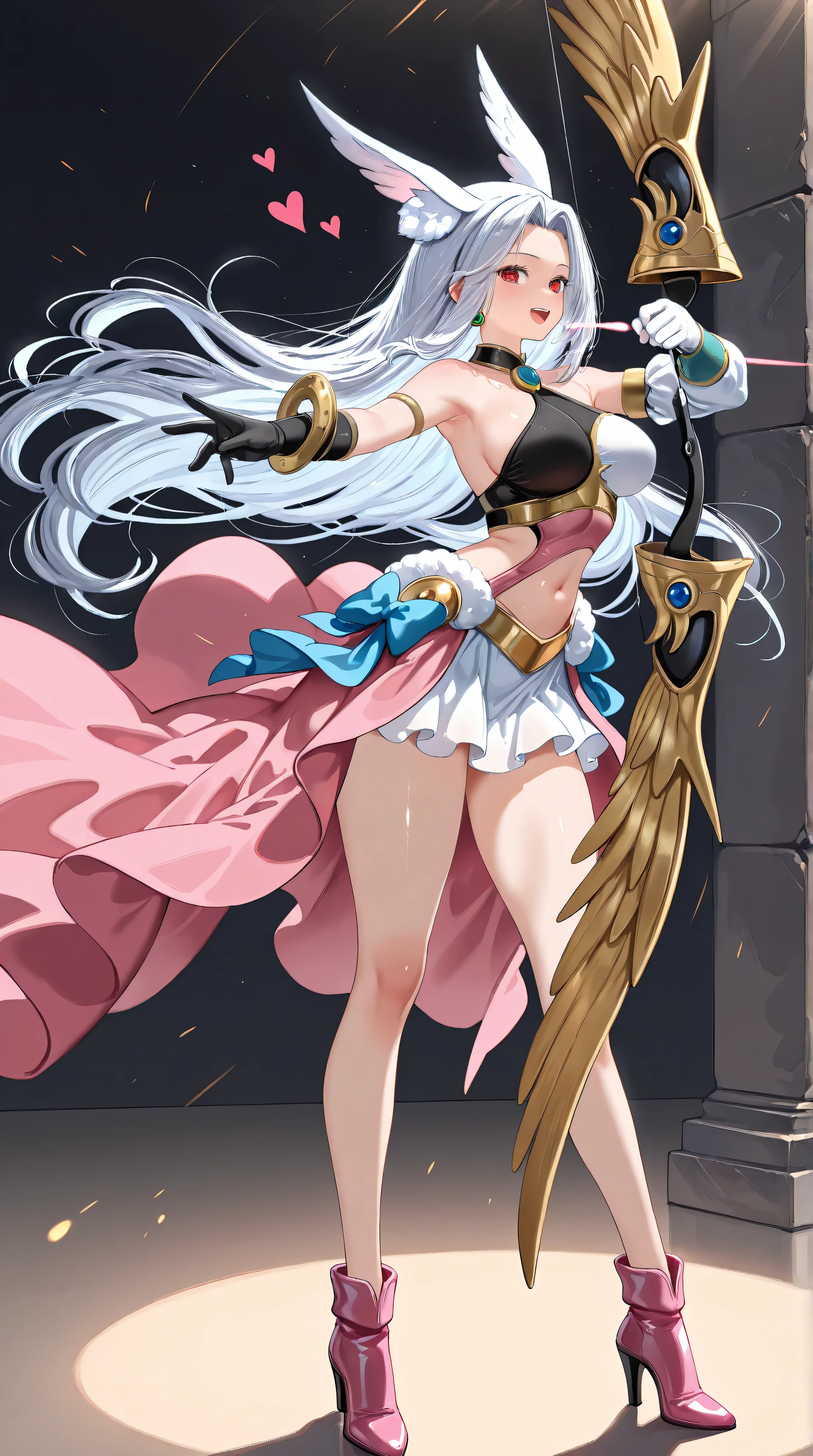 1girl,(Irisviel von Einzbern),mature female,red eyes,solo,bangs,large_breasts,(Valkyrie),white gloves,pink footwear,high heels,pink boots,pink bow,blue bow,bow,brooch,dress,standing,earrings,frilled dress,frills,gloves,hair bow,heart,jewelry,seductive smile,open mouth,holding bow\(weapon\),Aiming a Bow,apollousa bow of the goddess,art style,best quality,amazing quality,very aesthetic,absurdres,anime,best quality,amazing quality,very aesthetic,absurdres,masterpiece,best quality,newest,highres,absurdres,very awa,shiny skin,(artist:loika:0.5),(artist:xiaoshou xiansheng:0.8),artist:rin31153336,artist:gawako,