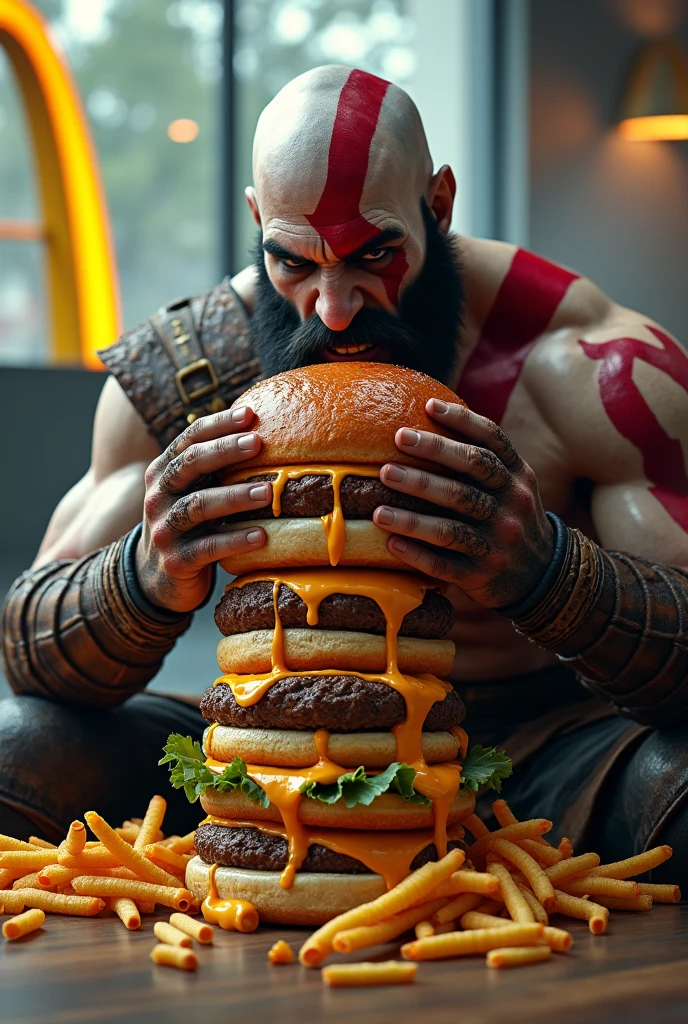 kratos from god of war eating a pizza