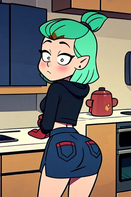 scene details, UHD, of one ((very young young woman +18)) lying in bed, face down she wears a tight floral top , blue jeans, short green hair, ((green skin)), green eyes, (((great ass))) (((round ass))) ((fat ass)) ((short stature)) (Short torso) (semi long legs) (((shot from above)))