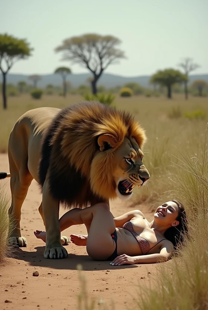 NSFW (nude) (Nami ((human)) large breasts, strip of pubic hair) vaginal penetration, missionary fucking male furry lion with spiked penis, full body, on a deserted beach