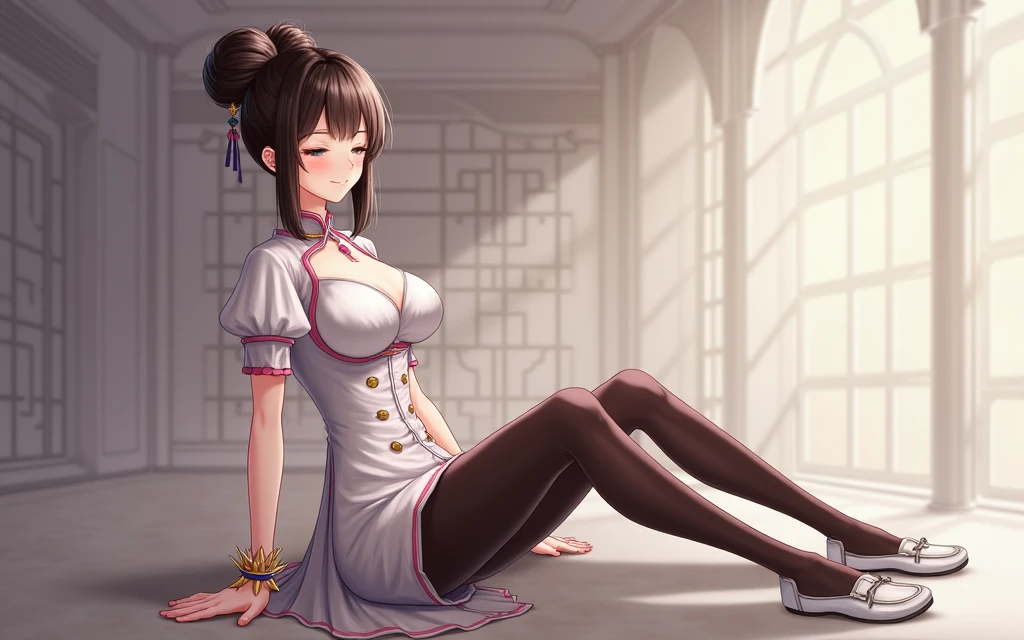 Arms between legs, hands out of frame, brown hair, yellow eyes, passionate gaze, feeling pleasure, wet legs, in heat, full body, crossed legs, Chinese dress,
