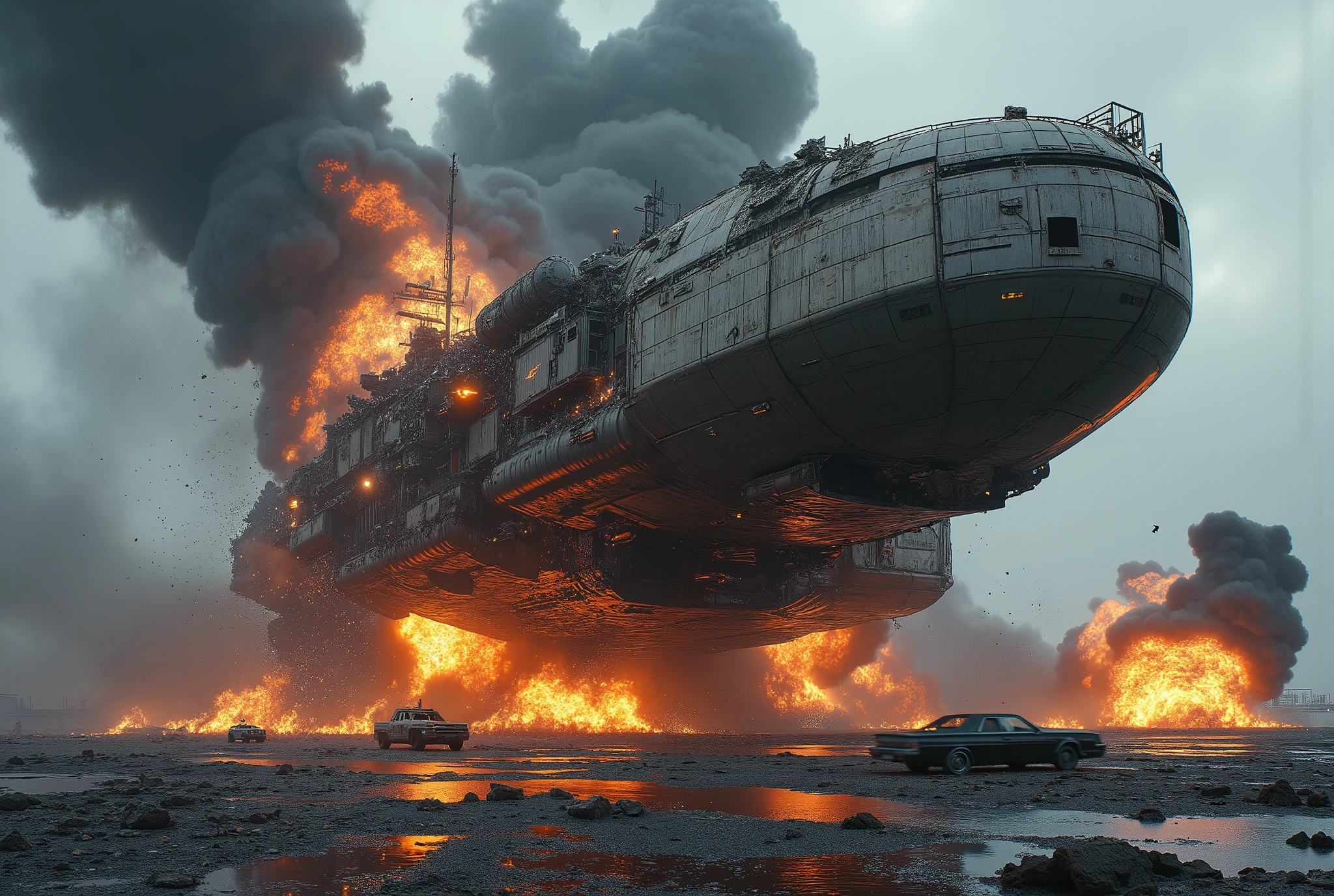 Doomsday Wasteland Sci-Fi Realism | Dynamic Disaster Photography | industrial-grade metal crash aesthetics,
The moment the giant interstellar cargo ship hit the ground at a 45° oblique angle,
[Hull] nano-ceramic armor plates are peeled off in a molten state | Quantum Engine Array Explosion,
[Wreckage] anti-gravity levitation container such as metal tombstone inserted into the ground | Liquid metal coolant forms a mercury river on the asphalt pavement,
[Dynamic Elements] Shockwave overturns armored vehicles | Electromagnetic pulse causes the drone swarm to crash out of control,
The radioactive smoke exhibits plutonium-purple fluorescence air refraction distortion in the overpressure region,
Titanium alloy skeleton high temperature incandescent and cold area blue gray gradient | The residual image of the holographic navigation map leaked by the data core,
Ruins of the Chemical Plant of the Future | The acid rain cloud was blown away by the explosion The wake of the second runaway spacecraft on the horizon,
Nuclear explosion engine fire (5600K incandescent) ,
ionized smoke fluorescence (452nm wavelength),
Emergency signal light strobe (RAL3020 red),
0.5 sec long exposure motion blur | 16mm fisheye fluoroscopy distortion | 3-meter follow-up angle of view,
Denis Villeneuve's apocalyptic compositions× Simon Stålenhag's mechanical textures, × Michael Bay's explosive dynamics