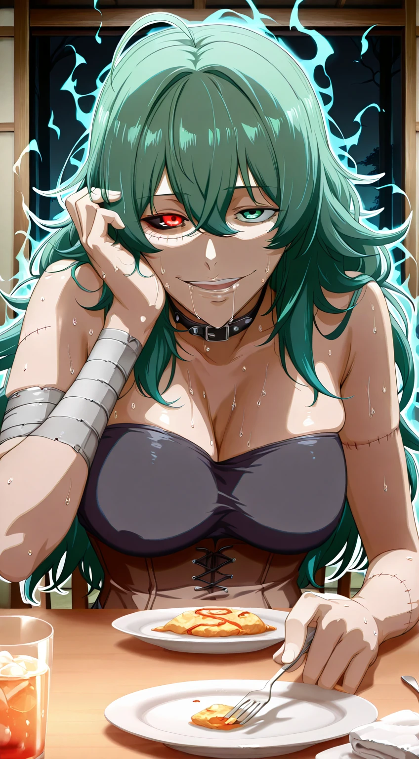 (Luxu-style:1.4), babu-style, anime coloring, anime screencap, anime-style detailed background, vignetting, masterpiece, high quality, absurdres, best quality, very aesthetic, newest, dynamic composition, anatomical correct, HD, 4K, digital art, trending on ArtStation, ((anatomical correct)), perfect body, perfect eyes, perfect fingers, gasping, heavy breathing, excessive sweating, sweating, sweating profusely, gasping profusely, cinematic, ((skindentation)), ((curvy)), eto-oa, long hair, green hair, green eyes, heterochromia, ghoul eye, medium breasts, sagging breasts, plump, ((white outline)), (aura), (black aura:1.2), 1girl, stitches, breasts, fork, solo, cleavage, smirk, looking_at_viewer, food, scar, knife, patchwork_skin, sitting, plate, collar, stitched_face, object_through_head, table, cup, bare_shoulders, zombie, parted lips, drooling, saliva, shaded face, upper teeth, hand_on_own_face, drinking_glass, corset, bandages