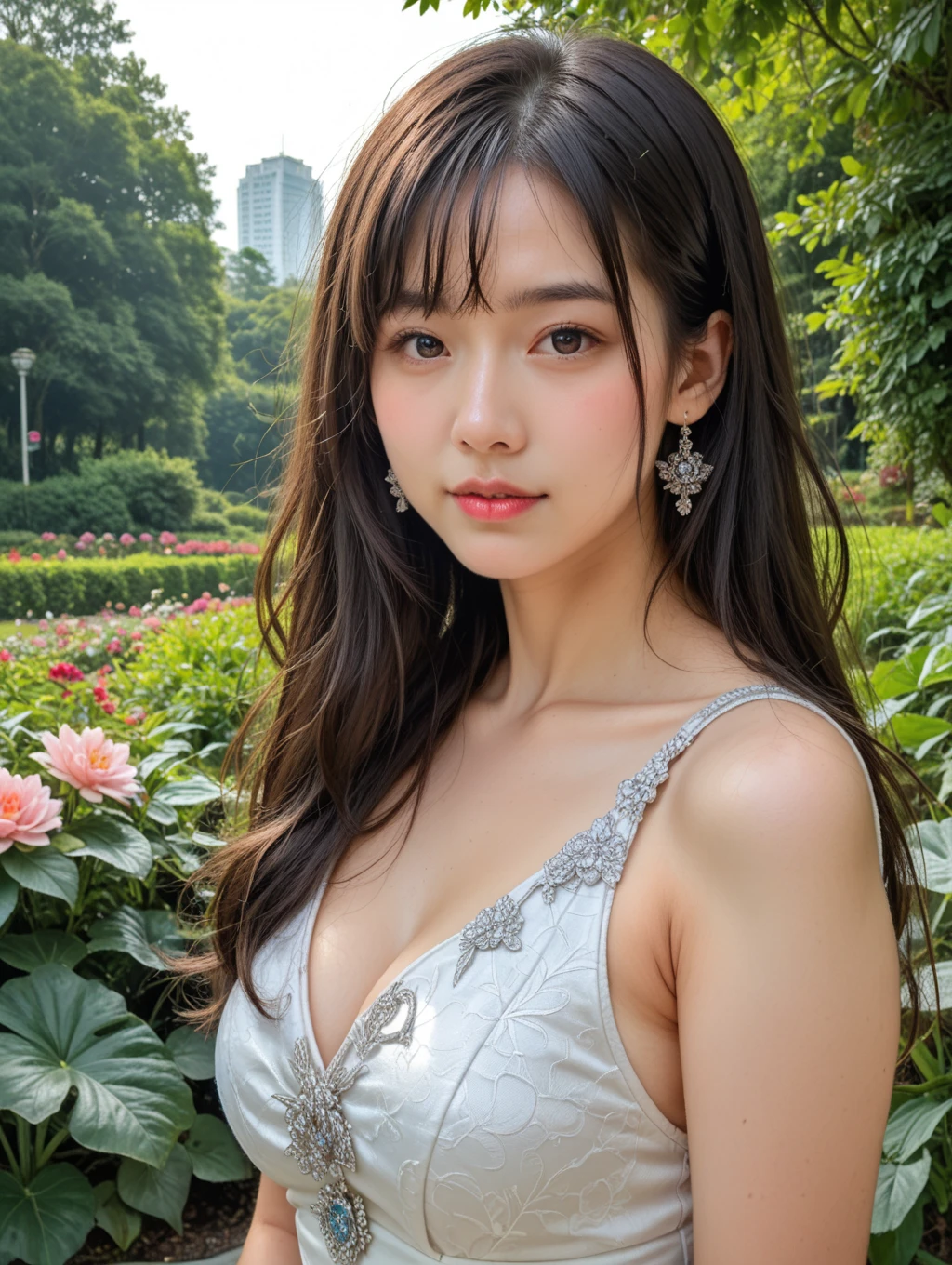 Mix 4, (8k, Live Shooting, Highest quality, masterpiece: 1.2), (Real, Photorealistic: 1.37), 一人のgirl, cute, night, rain, Wetty, Professional Lighting, Photon Mapping, Radio City, Physically Based Rendering, Gradient black hair, Gray Hair, Short Curly Hair, good looking, girl, Highest quality写真, High resolution, 1080P, (Clear Face), (Detailed face description), (Detailed hand description), (masterpiece), (Exquisite CG)、Extreme light and shadow、Disheveled Hair、Masterwork、Rich details、(Fine facial features)、(Highest qualityの写真)、(Masterpiece)、(Detailed eyes)、Look in front of you、Detailed clavicle、((Mid-breasted))、Nipple erection、Sexy、Lady、Clear、Smooth Hair、Clothes are not shiny、rainで服が濡れている、My clothes are soaked、Clothes are wet and stick to the skin、大rain、ゲリラ豪rain、Hydrangea flowers、rainが降っている、outside、night、