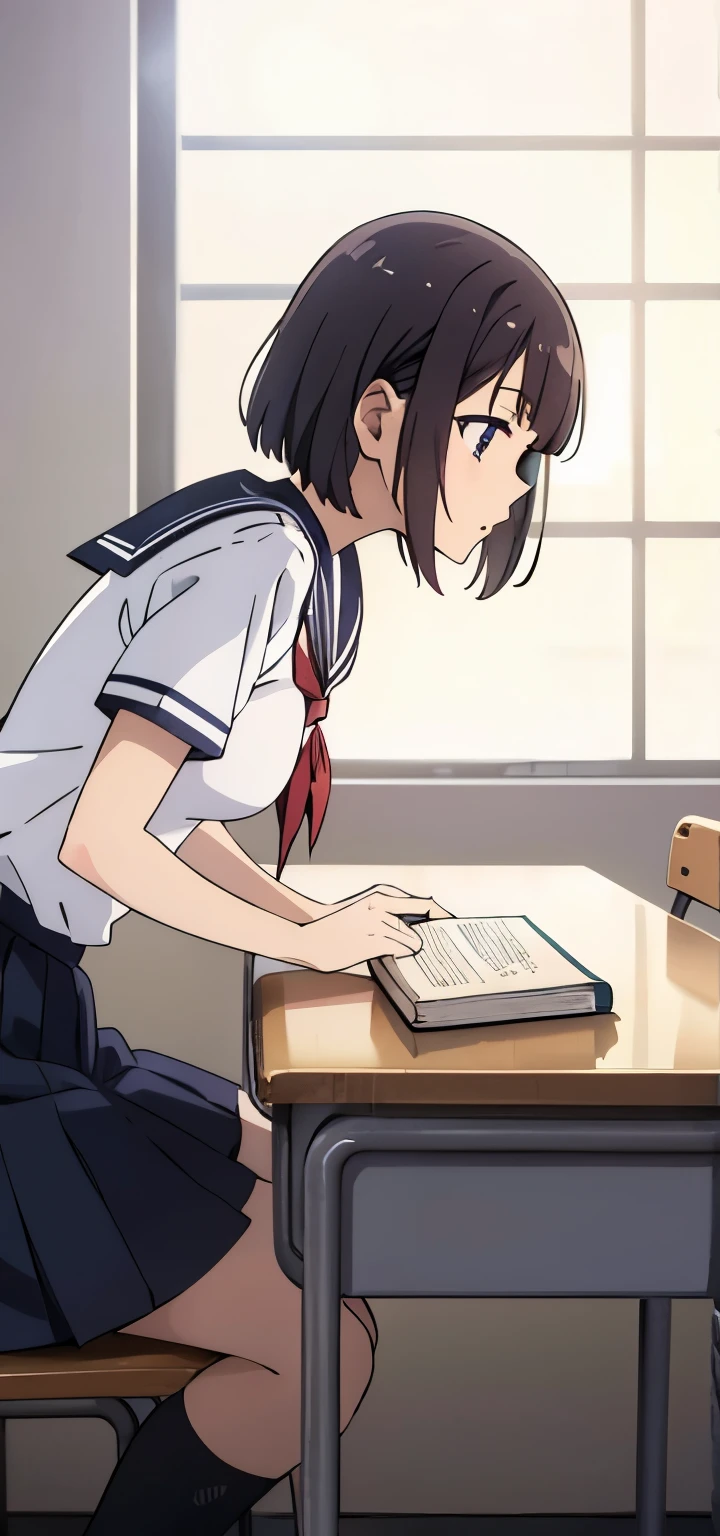 Anime girl sitting in the classroom, wearing white sailor uniform, school girl, straight bob hair, holding book, breast , white , leaning down