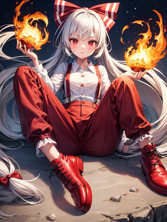 1girl, fujiwara no mokou (touhou), red eyes, very long hair, white hair, grey hair, sidelocks, bangs, hime cut, white shirt, beige shirt, collared shirt, buttons, long sleeves, sleeve garter, suspenders, red pants, baggy pants, pants, ofuda, ofuda on clothes, shoes, red footwear, footwear bow, hair bow, white bow, fire, phoenix, Touhou Project Fujiwara Meihong V3 use
