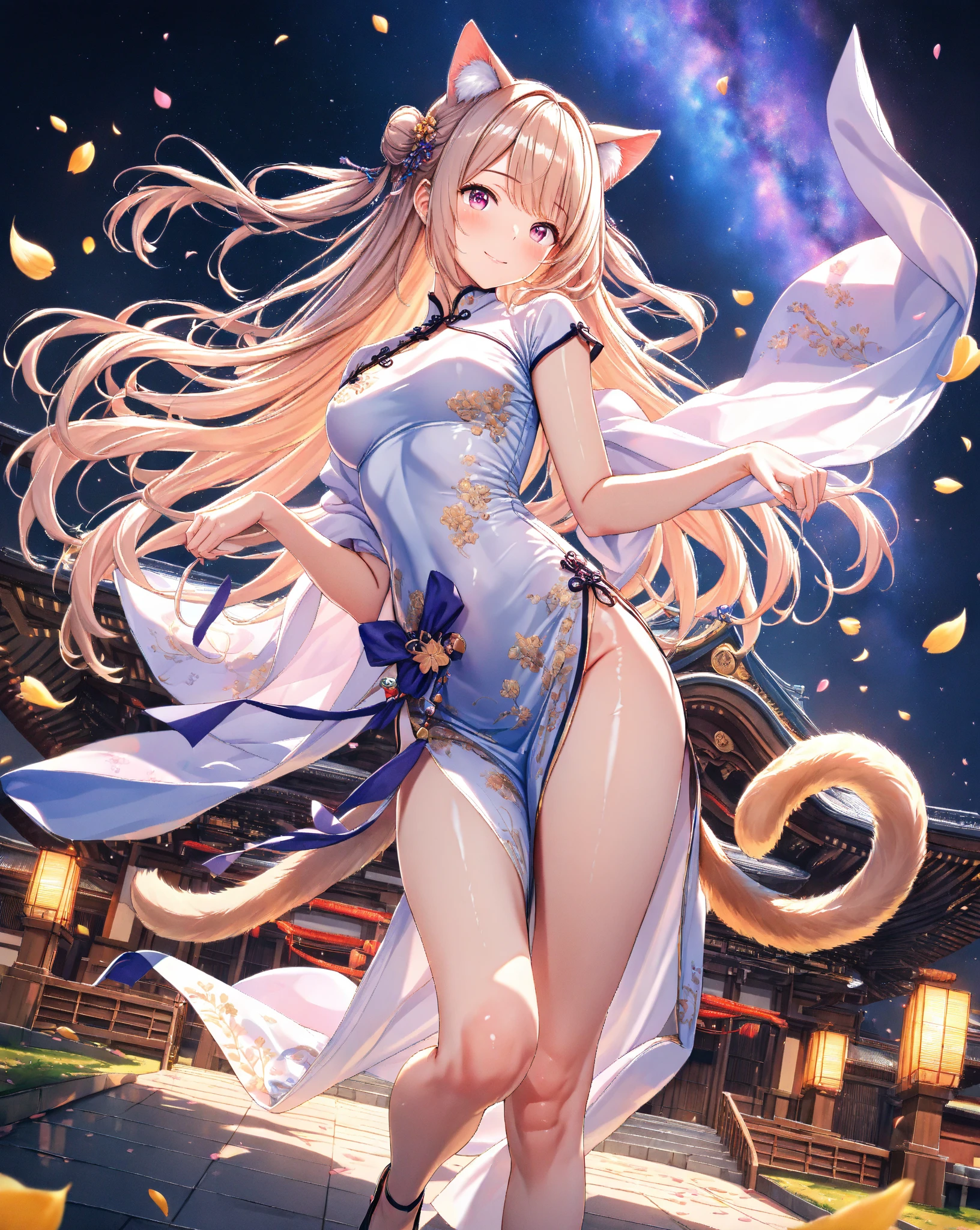 (((best quality))), ((ultra-detailed)), ((an extremely delicate and beautiful)), ((16k)), realistic, hd, cgi, gleaming hair, gleaming skin, gleaming dress, Character focus, solo, demanding pose, strong light coming in, sharp focus, illustration, game cg, anime, solo, curvy, (big breasts:1.3), forehead, ( white bright yellow lining Chinese Lace Up Cheongsam Open Chest Bodycon Dress High Slit Qipao mini), faste collarbone, (belly:0.9), standing, leaning forward, looking at the viewer, ocean, flower hair ornament, accessories, backlighting, shiny skin, shiny body, chibi, gloves, necklace, jewellery, black-brown hair, bead necklace, red faded into black colored hair, brown eyes, long hair, black bunny ears, yellow ombre hair, yellow-black hair, more yellow hair streaks, smaller dress, bare feet stretching at viewer, toes out at viewer, stepping on viewer, mommy goddess, hands towards viewer elegant
