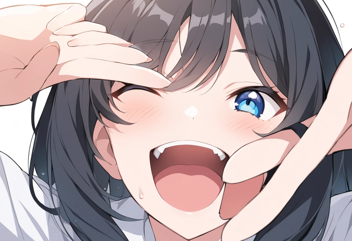 Sitting on a black sofa,looking ahead,from above,handjob,side view,face focus,open mouth,tongue out,cum on tongue,Licking a white dildo,(1girl,Beautiful 14 year old girl),((Slender,Small breasts,Baby Face,Small face,)),looking at viewer,Black Hair,bangs,two side up,Gray Eyes,Drooping eyes,slit pupils,narrow eyes,ollarbone,white t-shirt,off-shoulder look,bare shoulder,black tight mini skirt,Beautiful and detailed anime art,Mischievous smile,Dimly lit room,Simple Background,Gray background,Low lighting