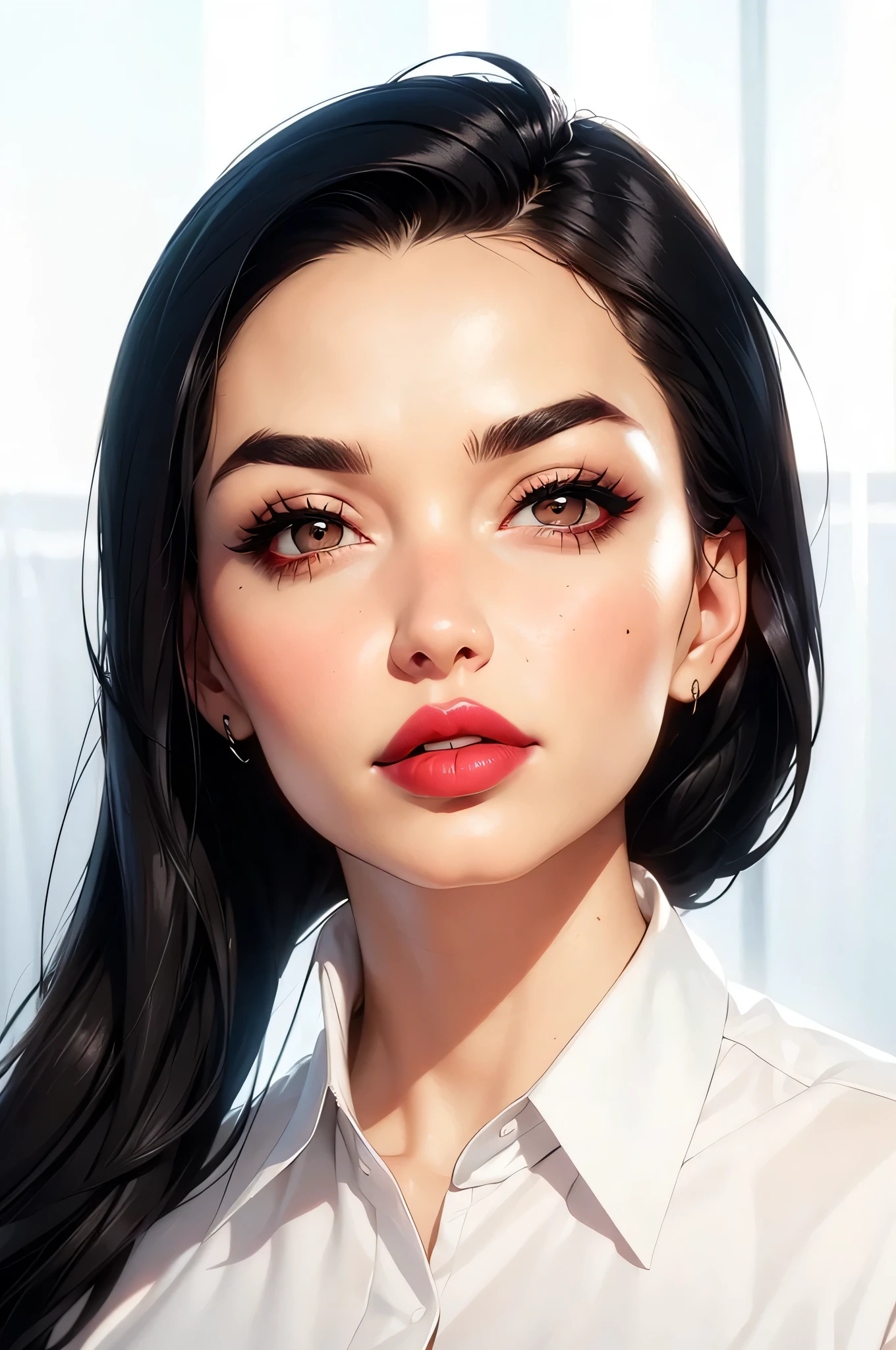 simple background, perfect face, slick back hair, black straight hair, thin eyebrows, black eyebrows, big eyes, brown eyes, thick lipstick, beautiful woman, white shirt collar johnny