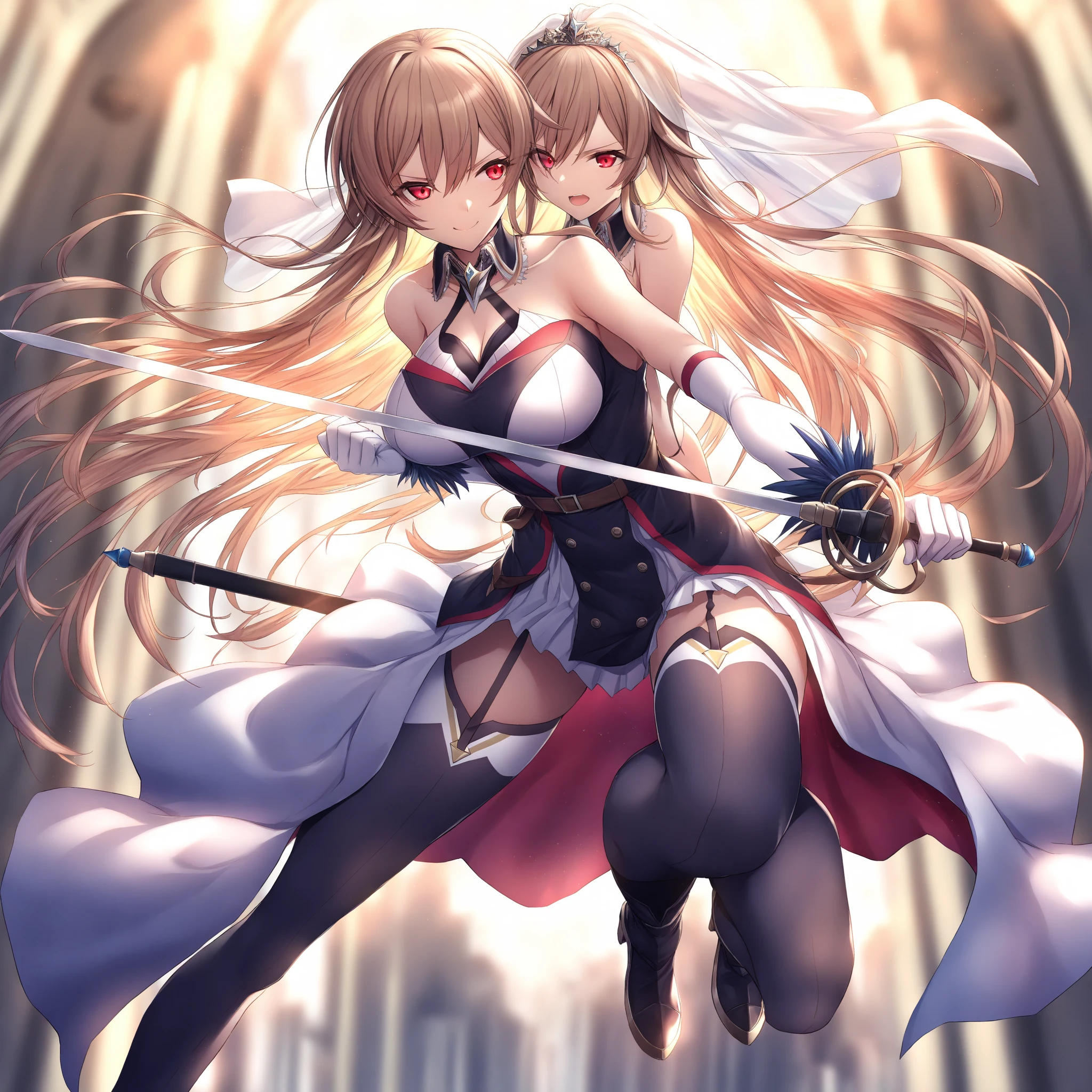 score_9, score_8_up, score_7_up,score_6_up, <lora:porforever_style_pony6_v2-000020:1> an epic fkn scene of battle with maids and swords , dutch angle, (2girls:1.2), maid, horns,