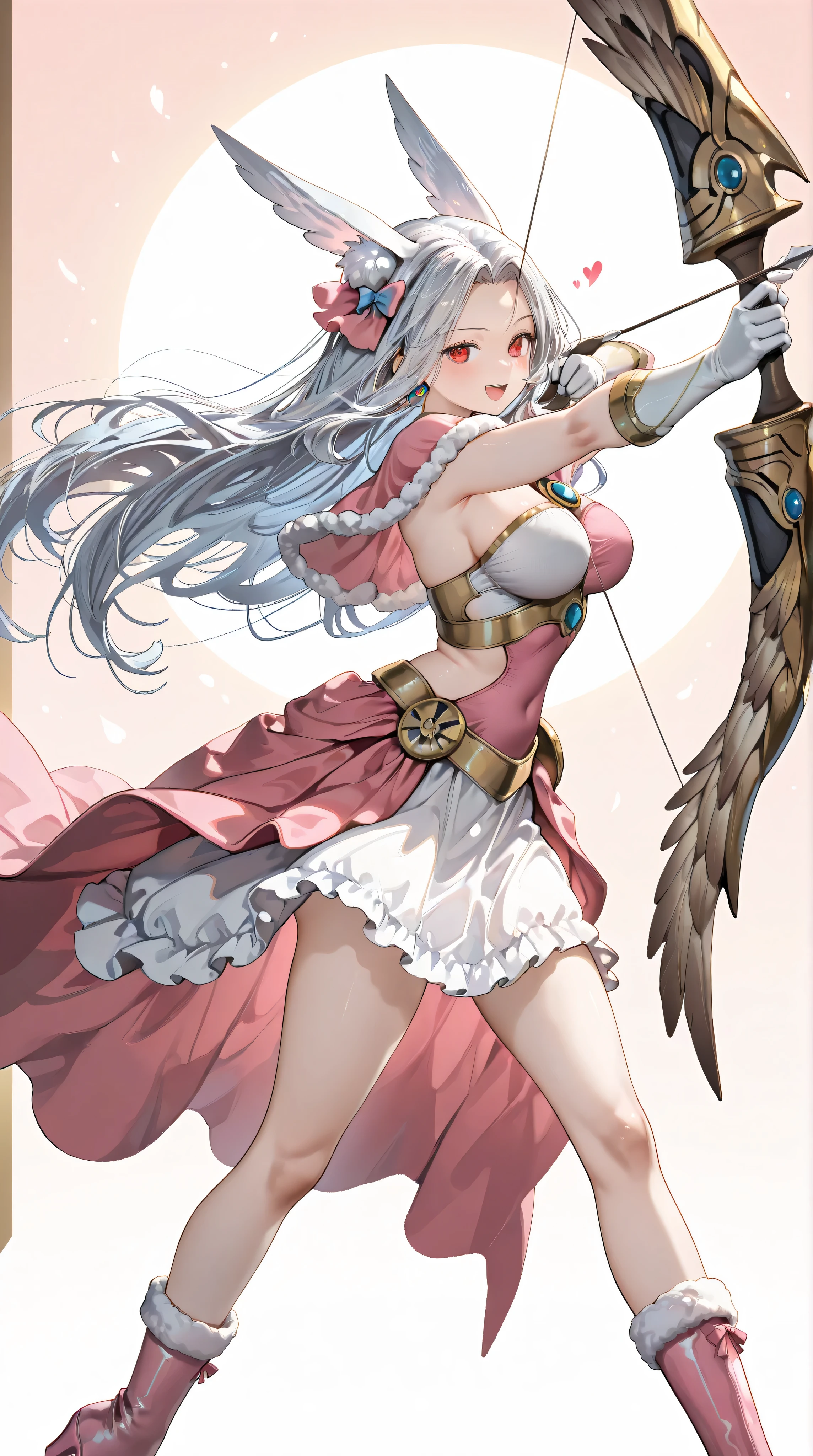 1girl,(Irisviel von Einzbern),mature female,red eyes,solo,bangs,large_breasts,(Valkyrie),white gloves,pink footwear,high heels,pink boots,pink bow,blue bow,bow,brooch,dress,standing,earrings,frilled dress,frills,gloves,hair bow,heart,jewelry,seductive smile,open mouth,holding bow\(weapon\),Aiming a Bow,apollousa bow of the goddess,art style,best quality,amazing quality,very aesthetic,absurdres,anime,best quality,amazing quality,very aesthetic,absurdres,masterpiece,best quality,newest,highres,absurdres,very awa,shiny skin,(artist:loika:0.5),(artist:xiaoshou xiansheng:0.8),artist:rin31153336,artist:gawako,