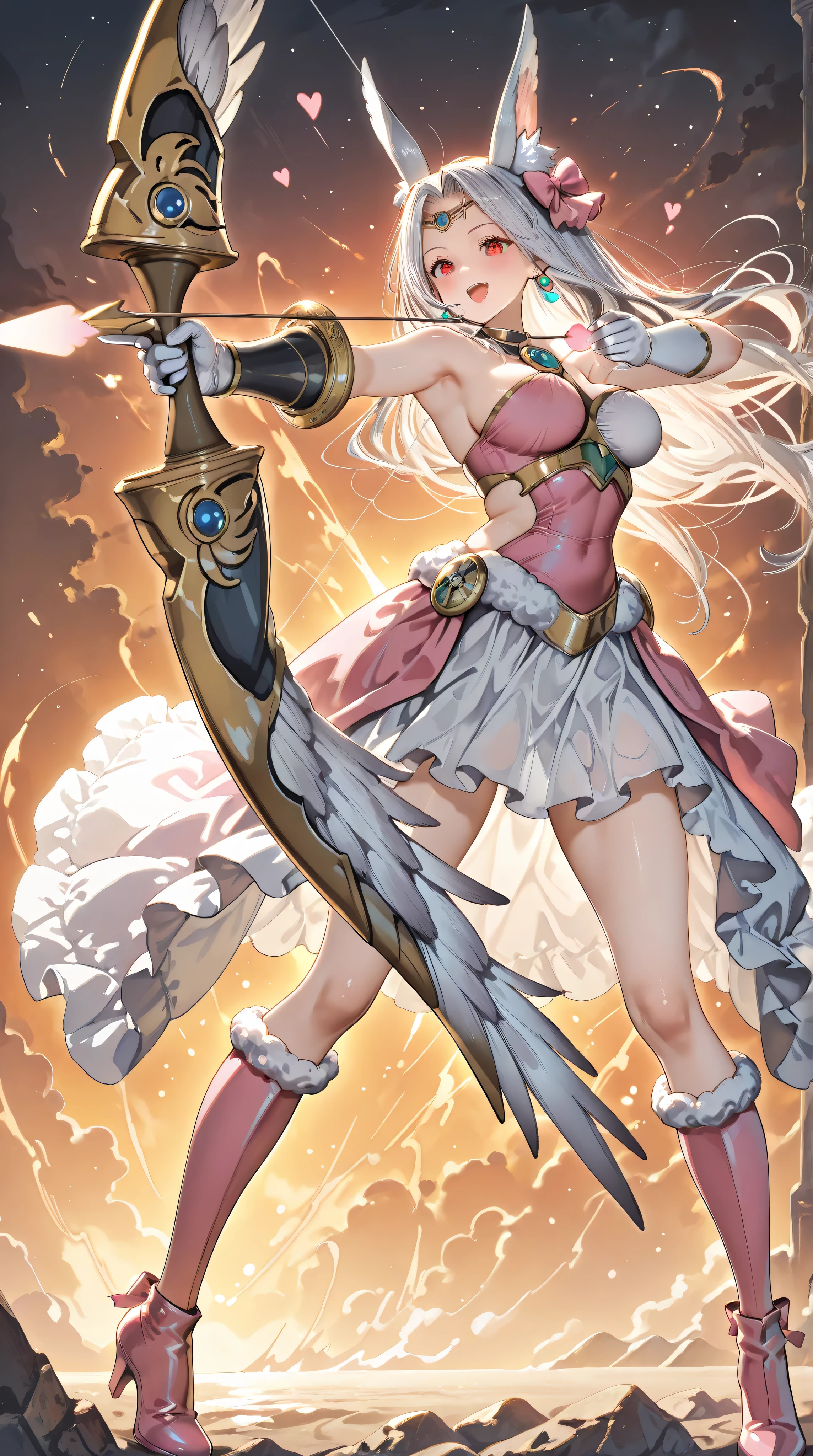 1girl,(Irisviel von Einzbern),mature female,red eyes,solo,bangs,large_breasts,(Valkyrie),white gloves,pink footwear,high heels,pink boots,pink bow,blue bow,bow,brooch,dress,standing,earrings,frilled dress,frills,gloves,hair bow,heart,jewelry,seductive smile,open mouth,holding bow\(weapon\),Aiming a Bow,apollousa bow of the goddess,art style,best quality,amazing quality,very aesthetic,absurdres,anime,best quality,amazing quality,very aesthetic,absurdres,masterpiece,best quality,newest,highres,absurdres,very awa,shiny skin,(artist:loika:0.5),(artist:xiaoshou xiansheng:0.8),artist:rin31153336,artist:gawako,